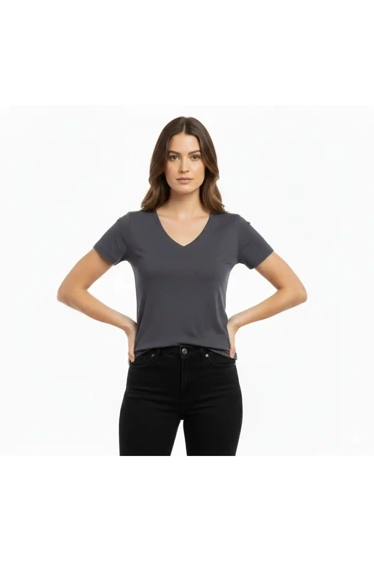 Kadın T-Shirt V Yaka Slim Fit Likralı Tişört Günlük Basic Body - Füme