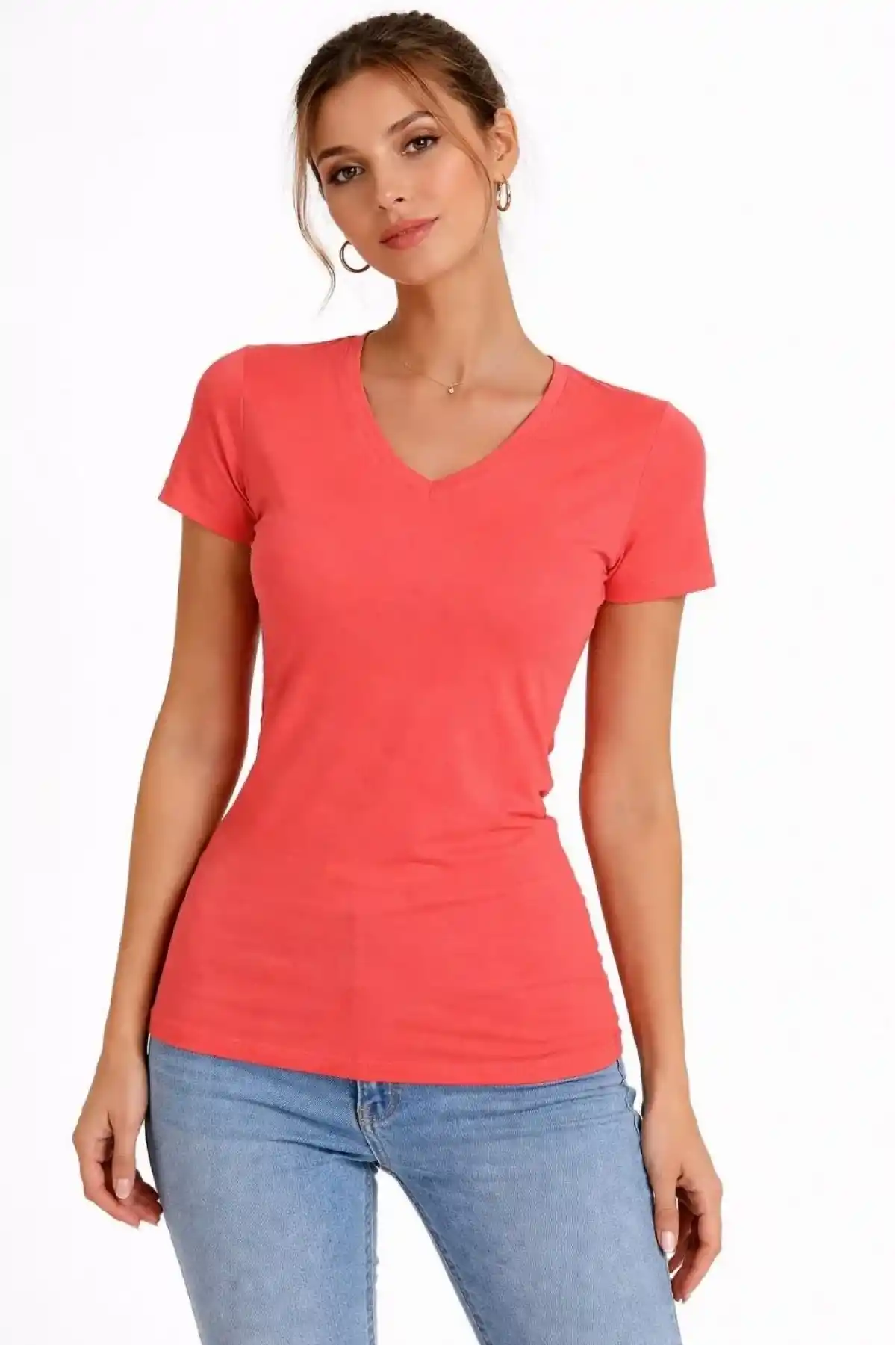 Kadın T-Shirt V Yaka Slim Fit Likralı Tişört Günlük Basic Body - Nar Çiçeği