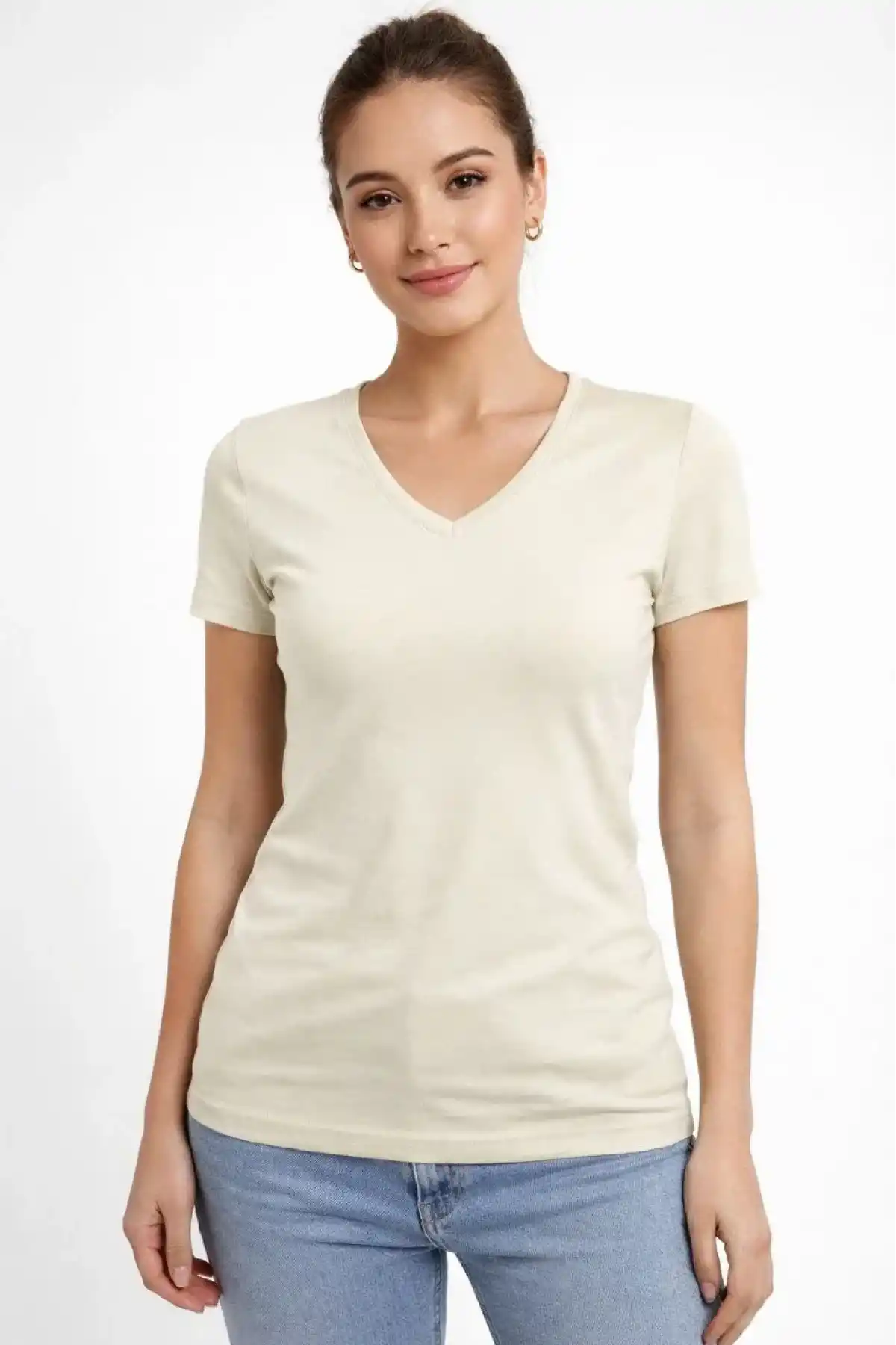Kadın T-Shirt V Yaka Slim Fit Likralı Tişört Günlük Basic Body - Taş