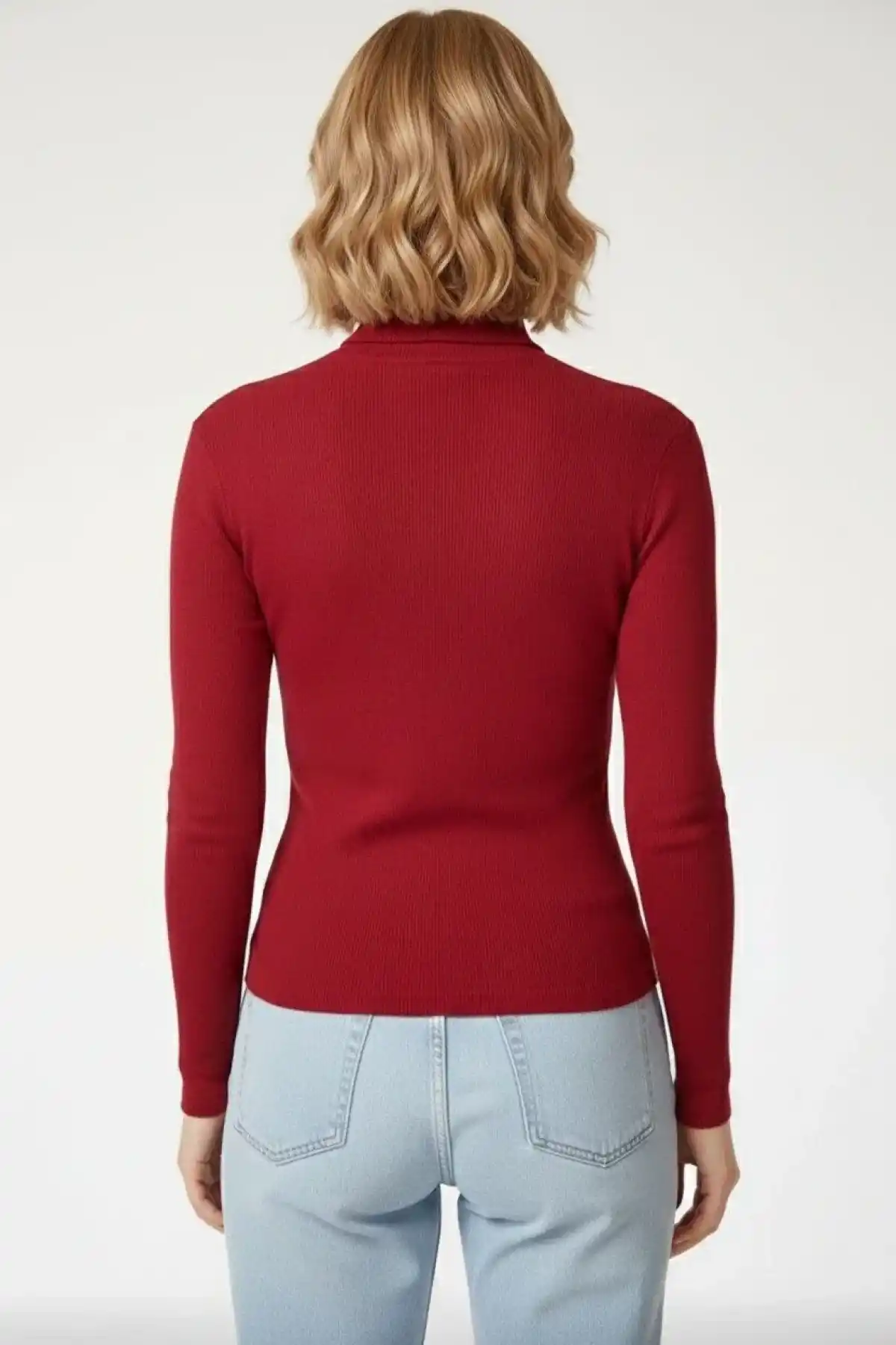 Kadın Tam Boğazlı Fitilli Likrali Kaşkorse Badi İnce Uzun Kollu Kazak - Bordo