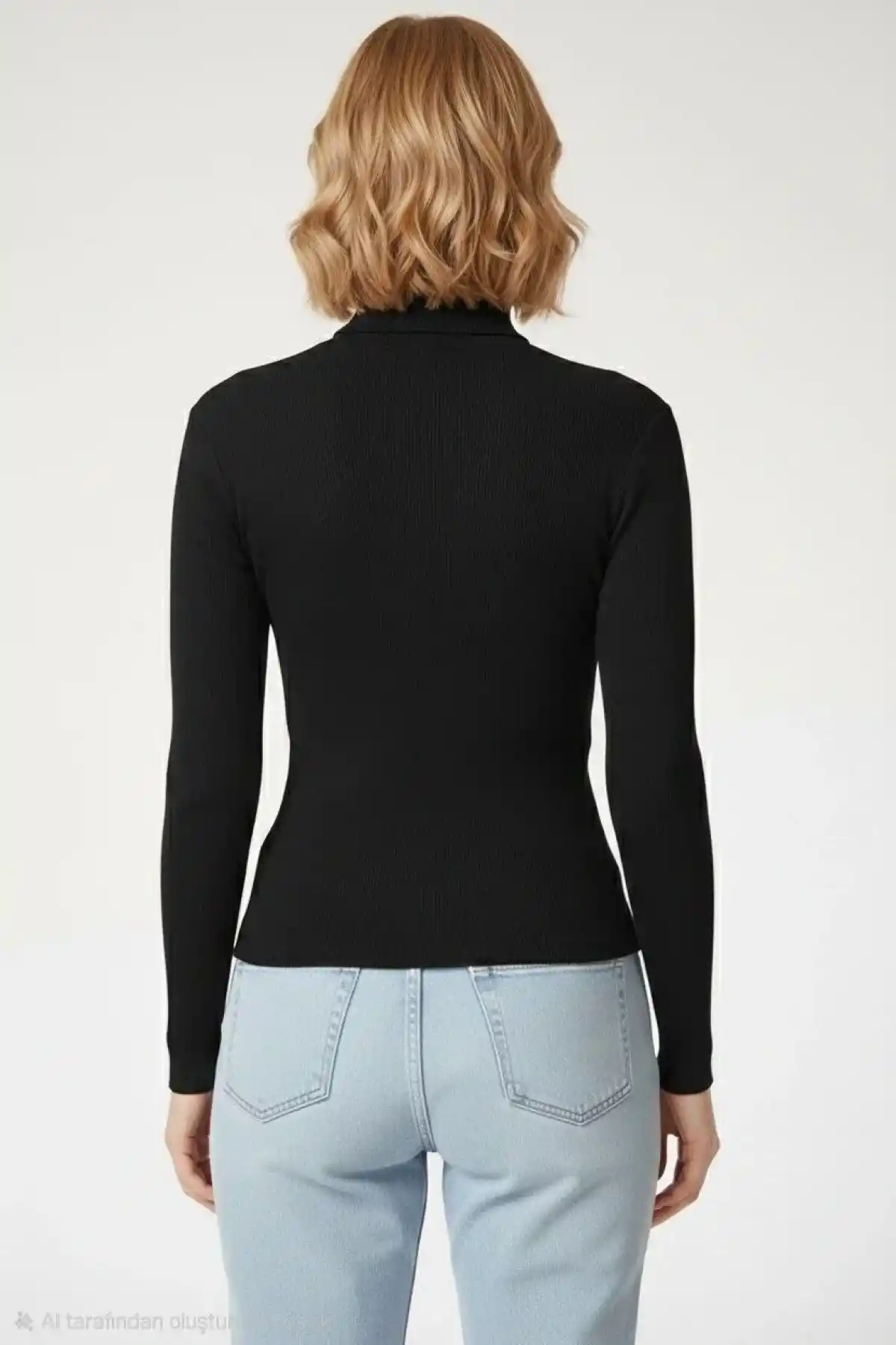 Kadın Tam Boğazlı Fitilli Likrali Kaşkorse Badi İnce Uzun Kollu Kazak - Siyah