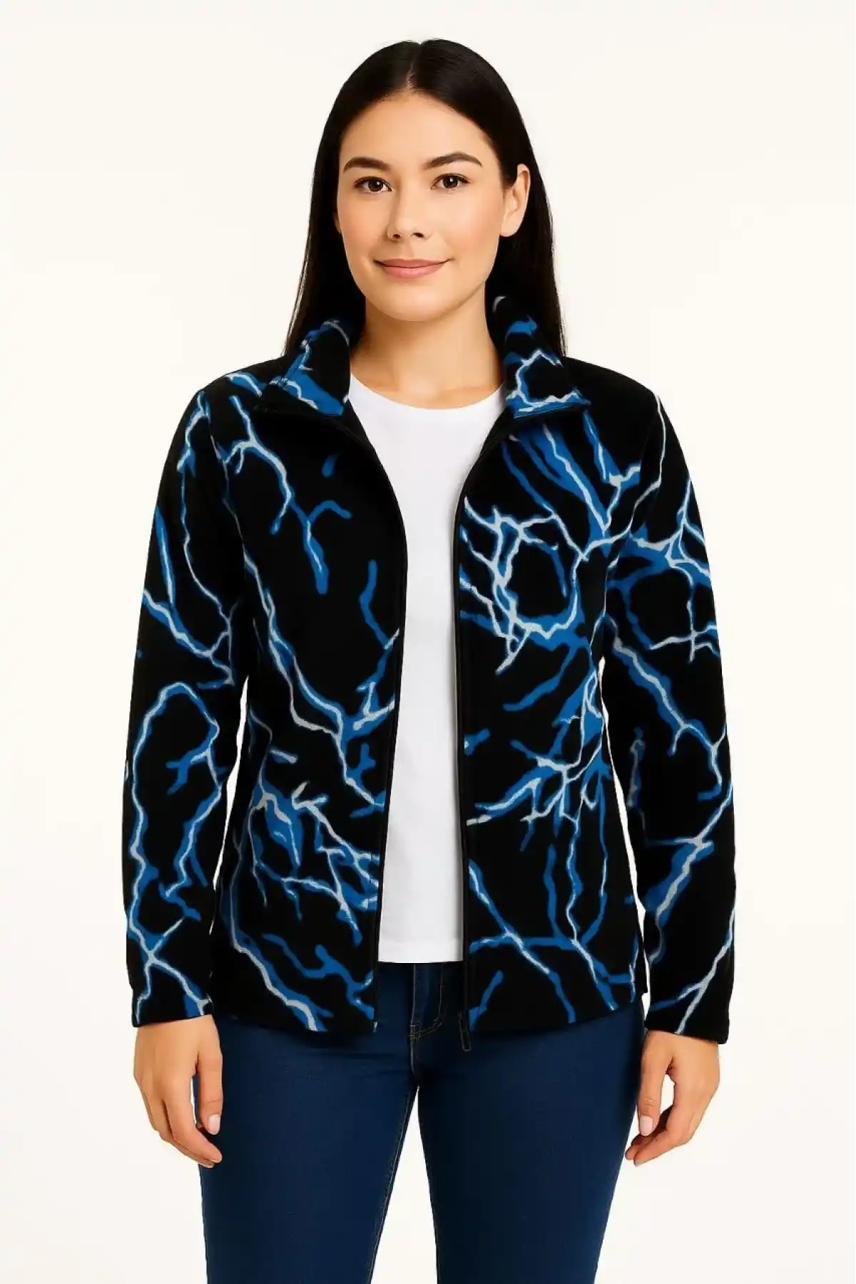 Kadın Tam Fermuarlı Desenli Polar Sweat Lightning Desen Yakalı, Uzun Kollu, Oversize Rahat Kalıp - Siyah