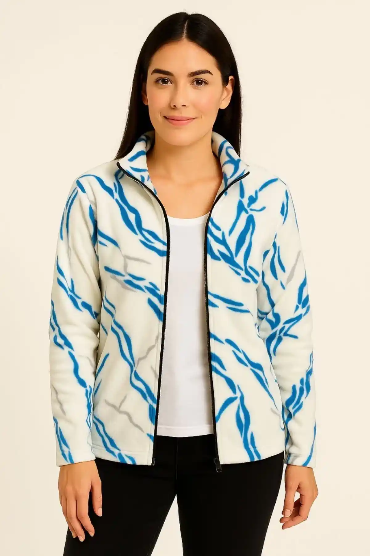 Kadın Tam Fermuarlı Desenli Polar Sweat Lightning Desen Yakalı, Uzun Kollu, Oversize Rahat Kalıp - Beyaz