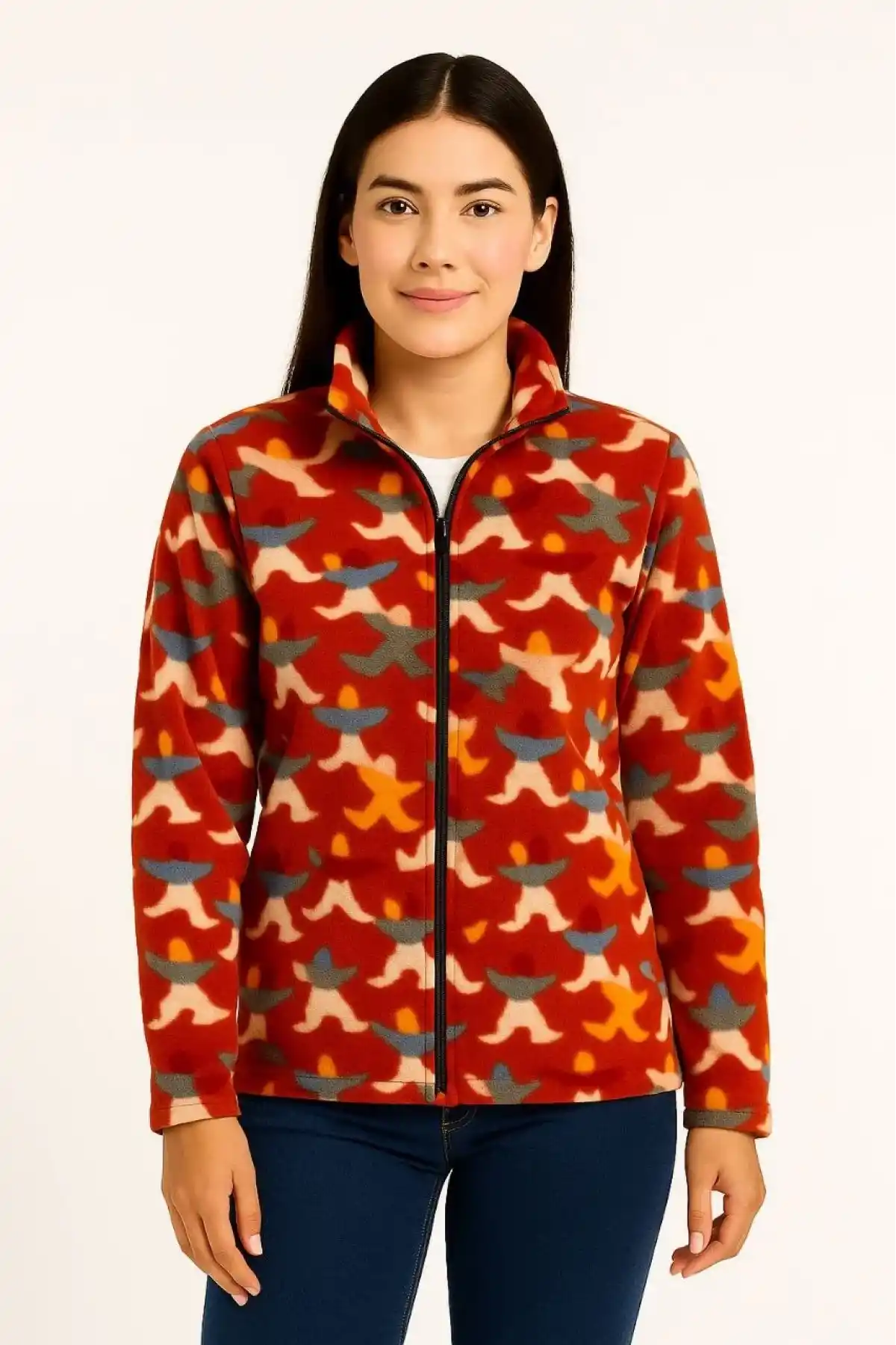 Kadın Tam Fermuarlı Desenli Polar Sweat – Siyah Multicolor Figür Desen Yakalı, Uzun Kollu, Oversize Rahat Kalıp - Kiremit