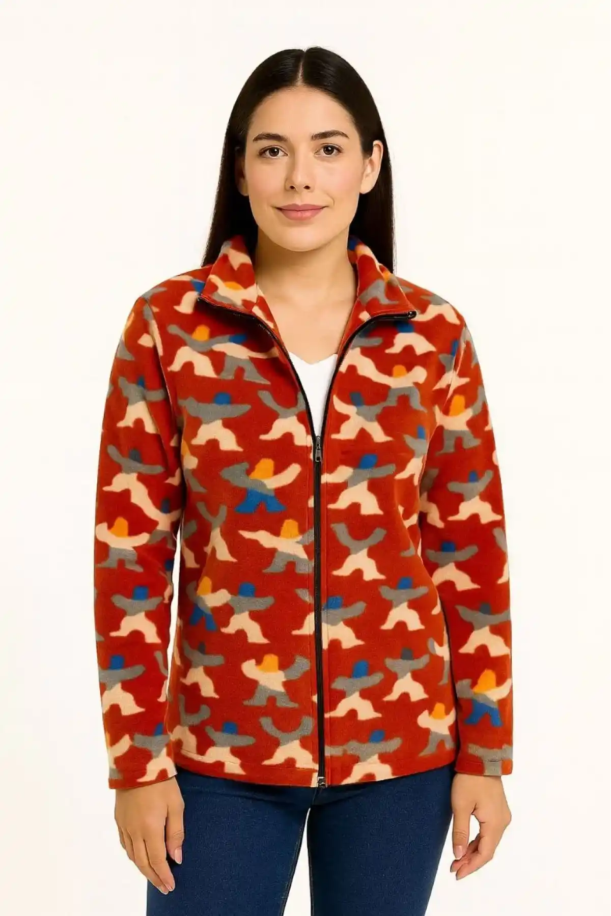 Kadın Tam Fermuarlı Desenli Polar Sweat – Siyah Multicolor Figür Desen Yakalı, Uzun Kollu, Oversize Rahat Kalıp - Kiremit