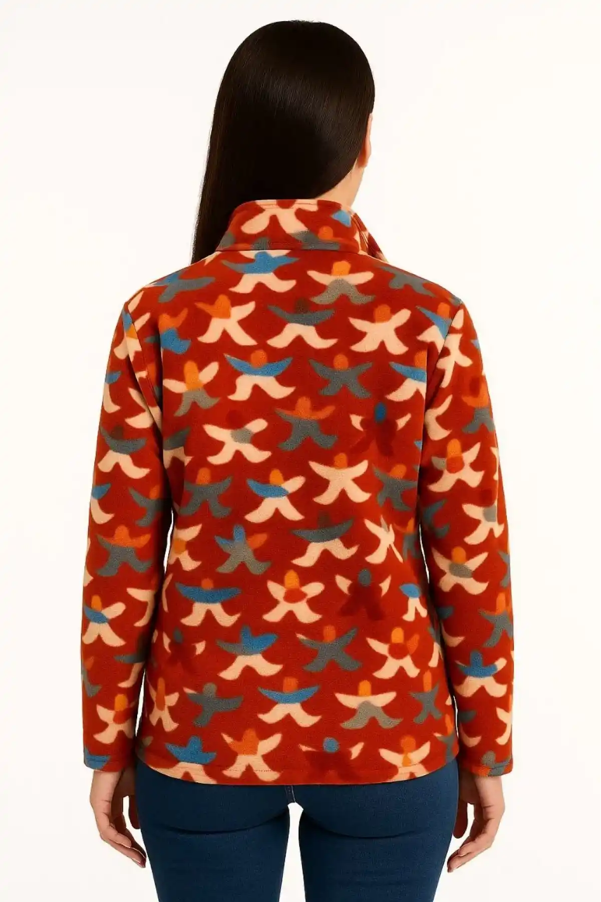 Kadın Tam Fermuarlı Desenli Polar Sweat – Siyah Multicolor Figür Desen Yakalı, Uzun Kollu, Oversize Rahat Kalıp - Kiremit