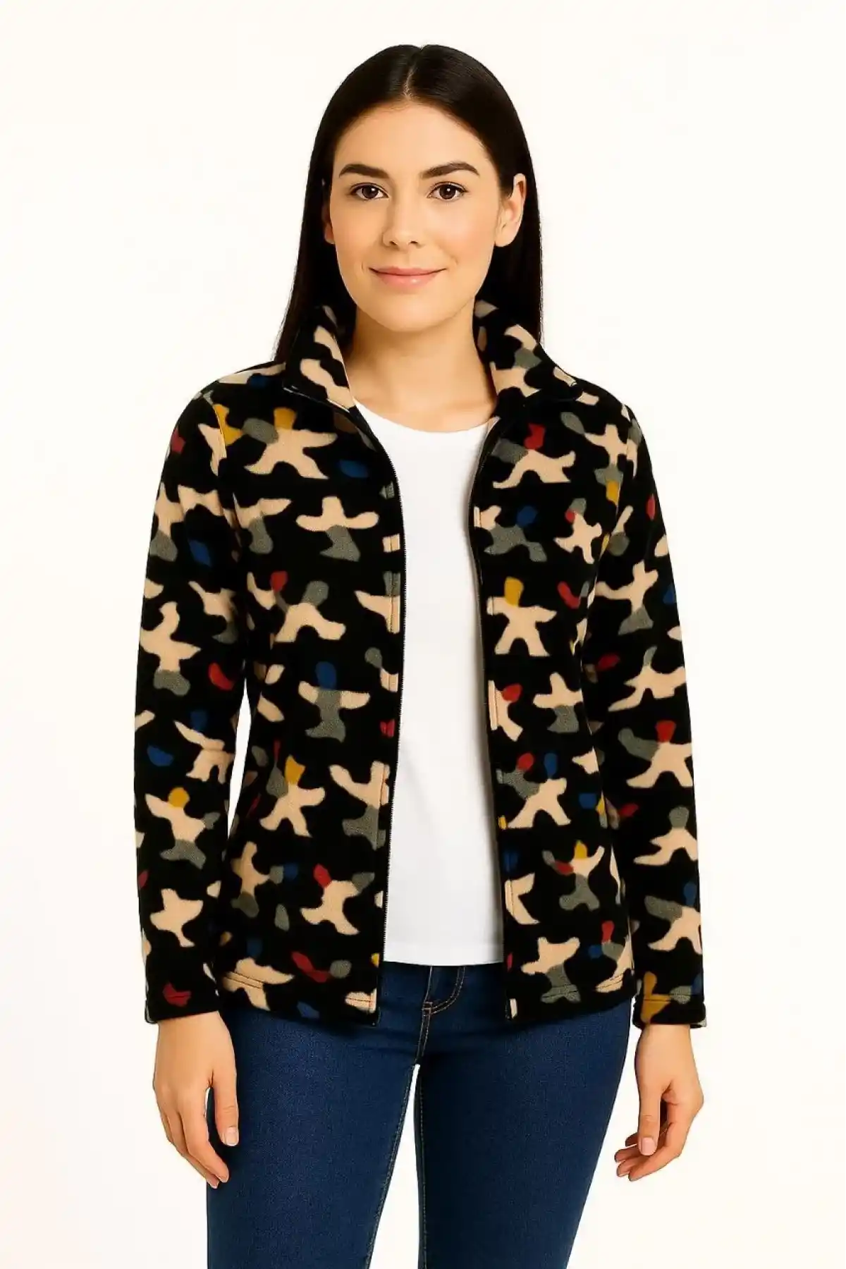 Kadın Tam Fermuarlı Desenli Polar Sweat – Siyah Multicolor Figür Desen Yakalı, Uzun Kollu, Oversize Rahat Kalıp - Siyah