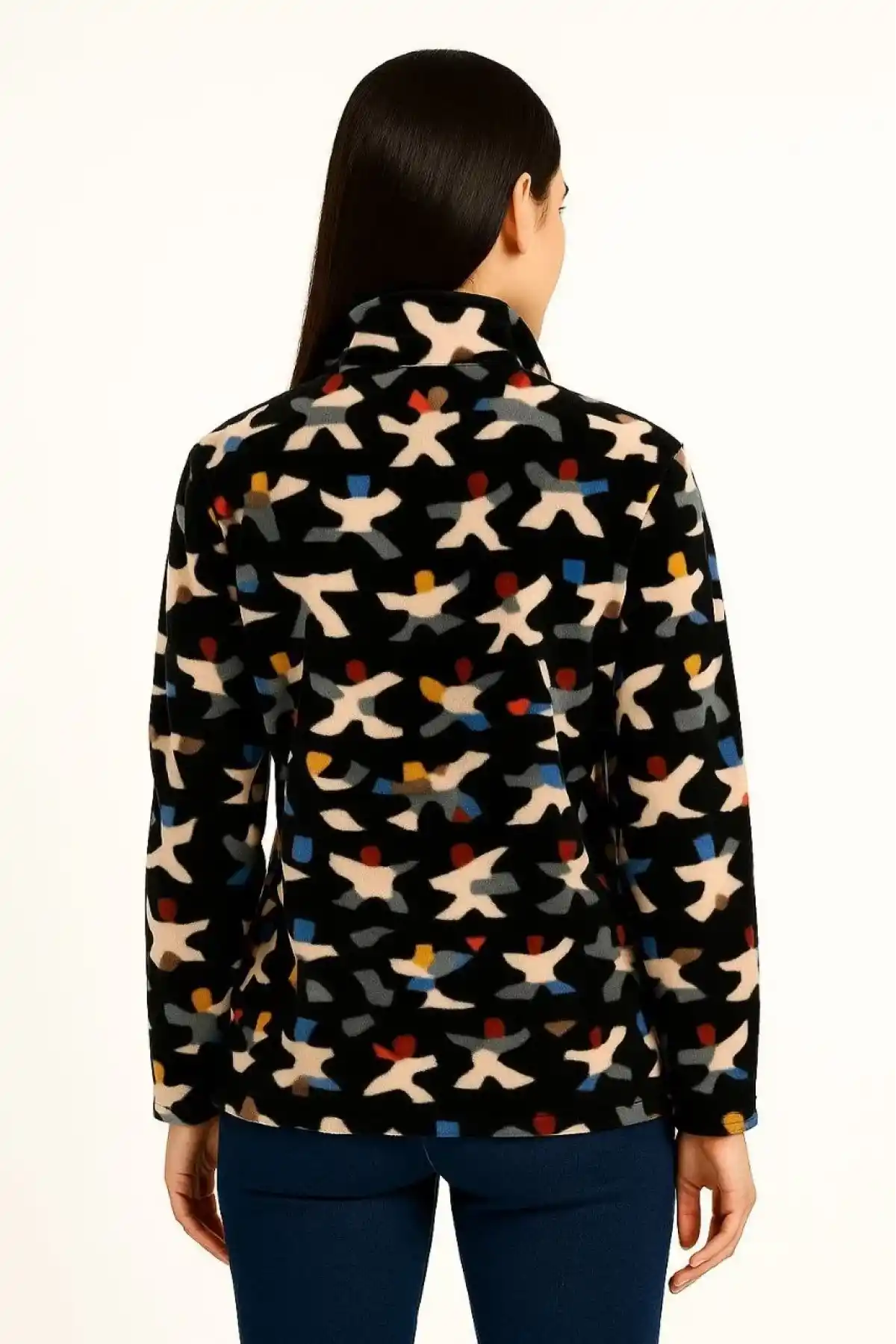 Kadın Tam Fermuarlı Desenli Polar Sweat – Siyah Multicolor Figür Desen Yakalı, Uzun Kollu, Oversize Rahat Kalıp - Siyah