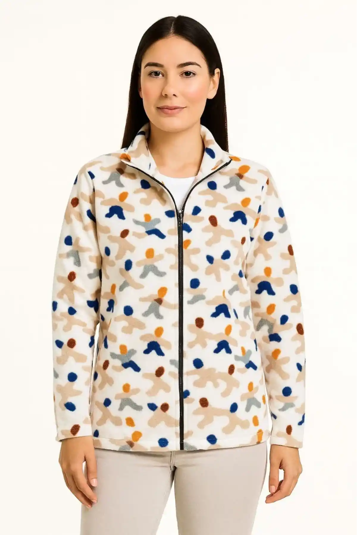 Kadın Tam Fermuarlı Desenli Polar Sweat – Siyah Multicolor Figür Desen Yakalı, Uzun Kollu, Oversize Rahat Kalıp - Beyaz