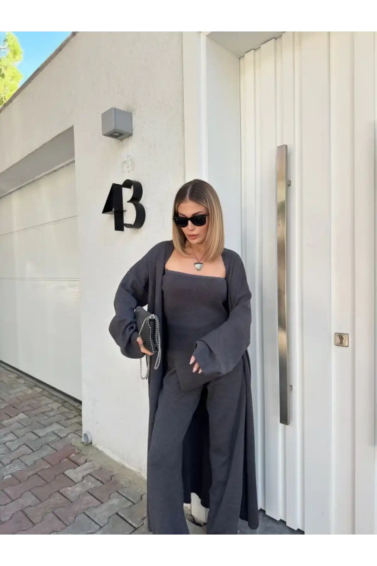 Kadın Triko 3 Parça Takım Straplez Üst Pantolon Uzun Hırka - Füme