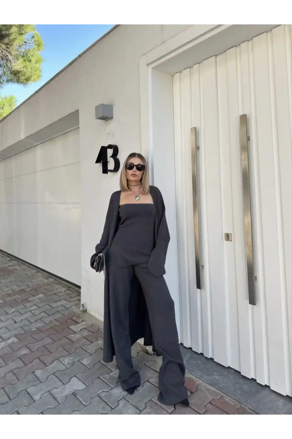 Kadın Triko 3 Parça Takım Straplez Üst Pantolon Uzun Hırka - Füme