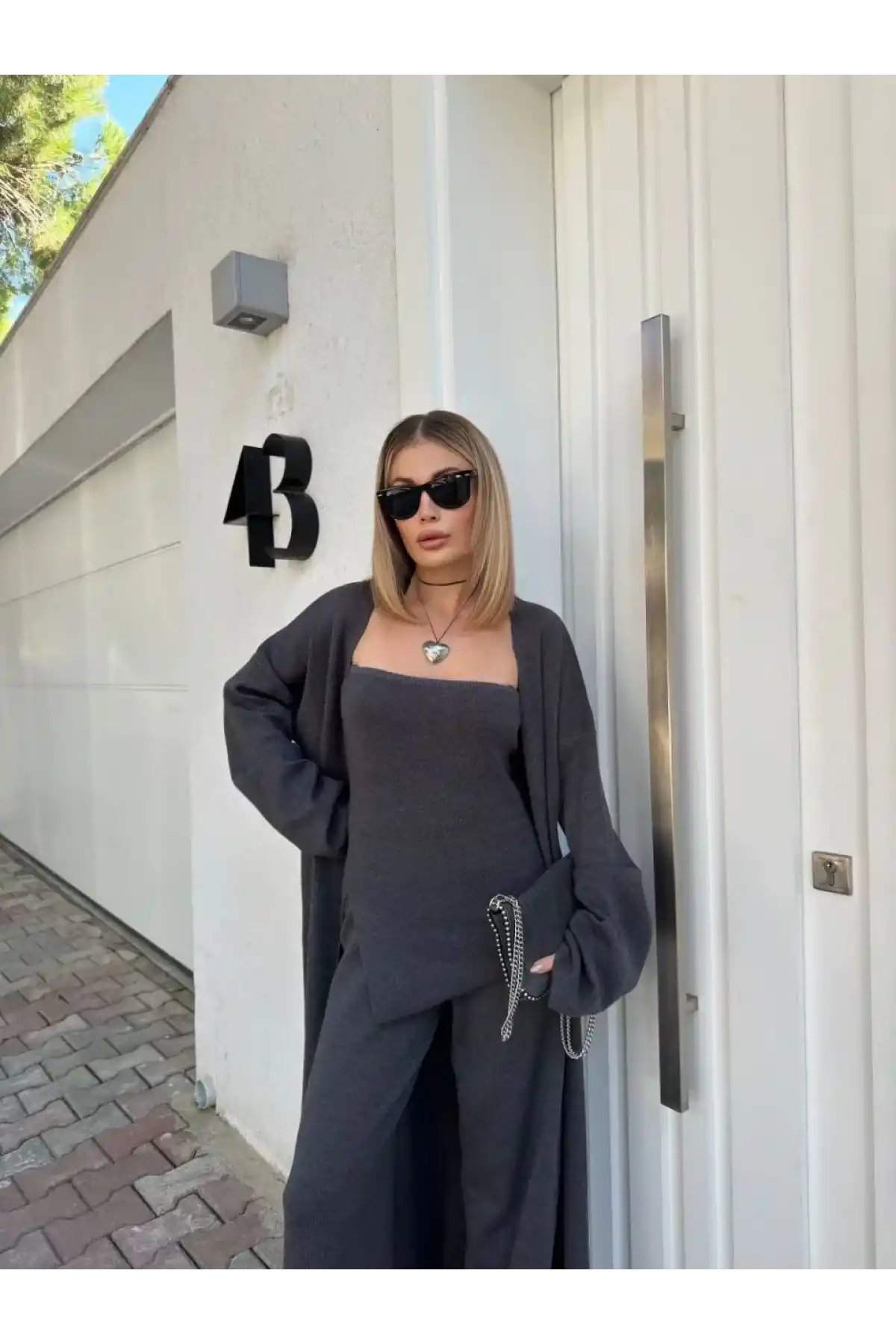 Kadın Triko Üçlü Takım - Füme