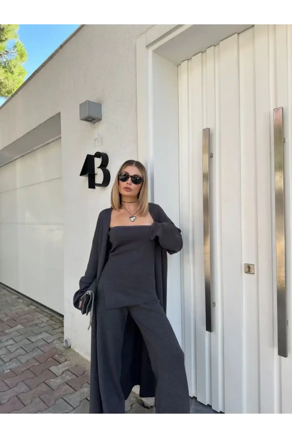 Kadın Triko Üçlü Takım - Füme