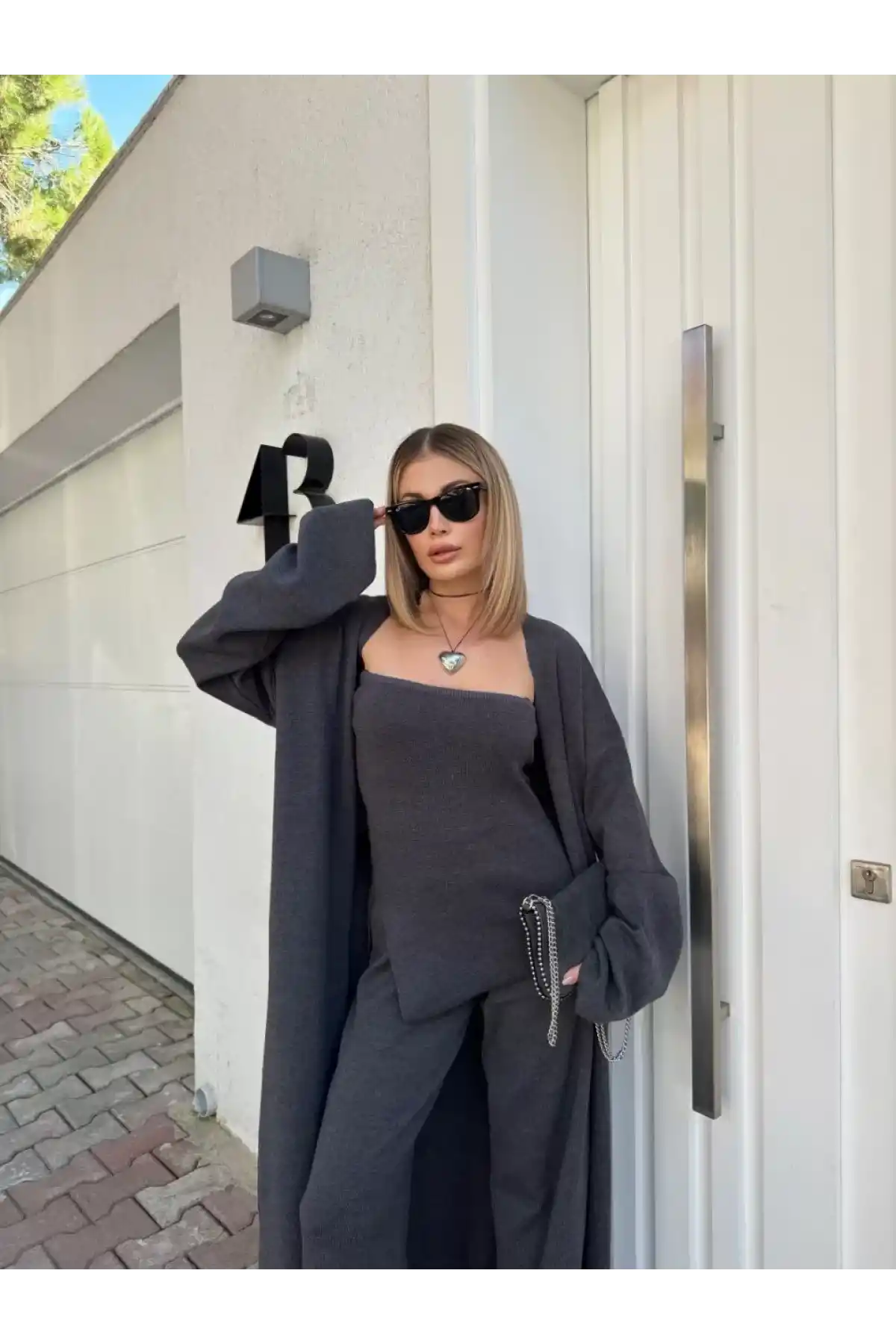 Kadın Triko Üçlü Takım - Füme