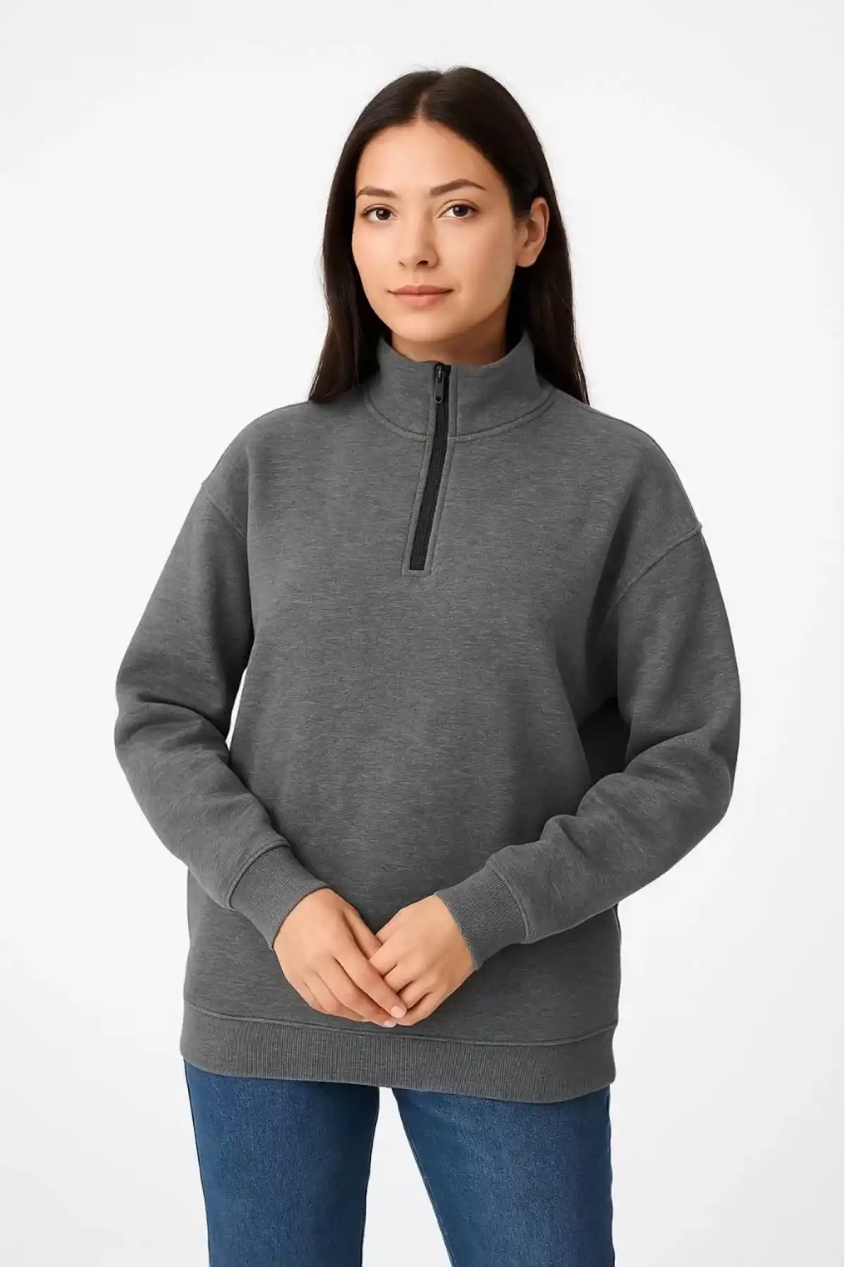 Kadın Üç İplik Dık Yaka Yarım Fermuarlı SweatShirt - Antrasit