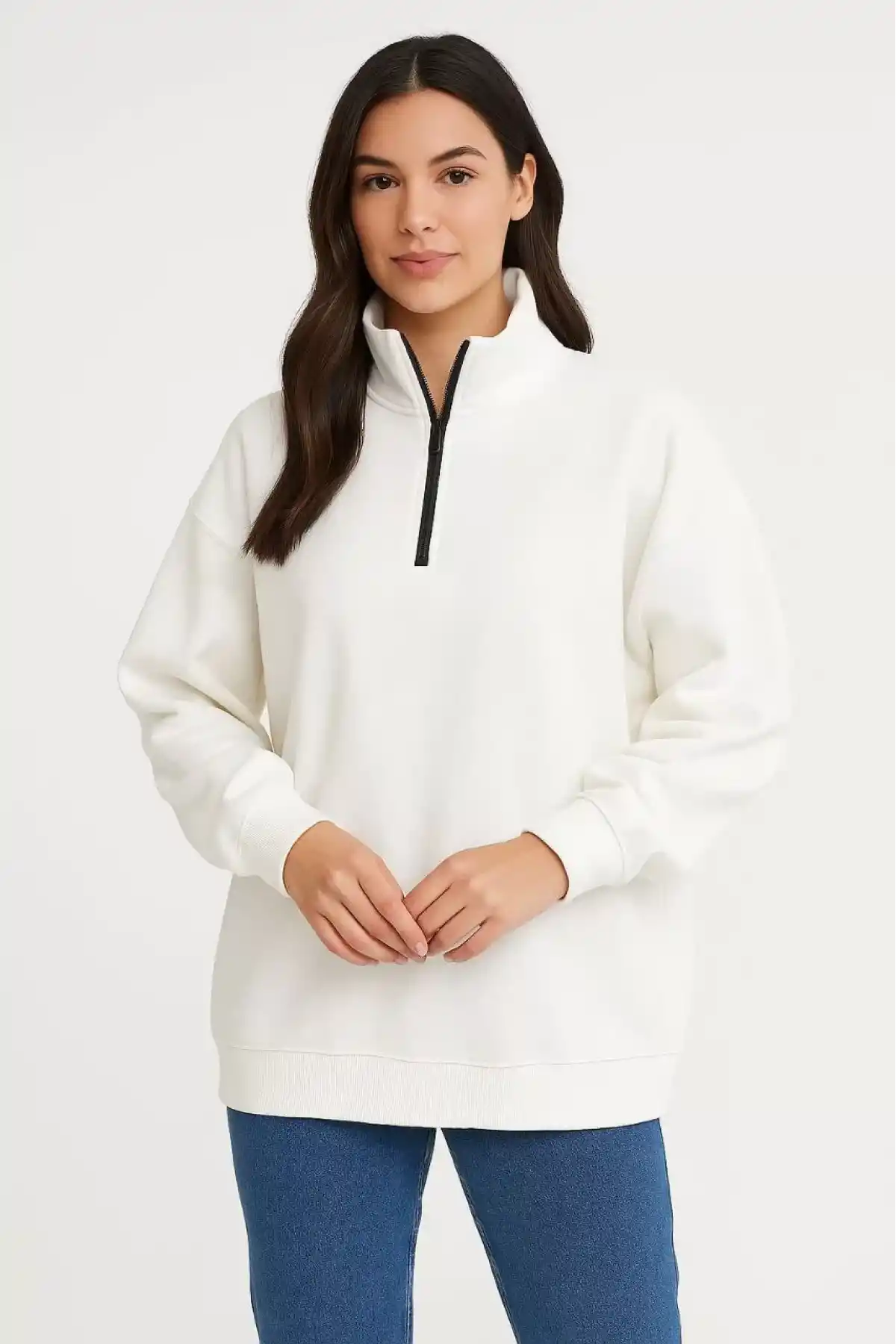 Kadın Üç İplik Dık Yaka Yarım Fermuarlı SweatShirt - Beyaz