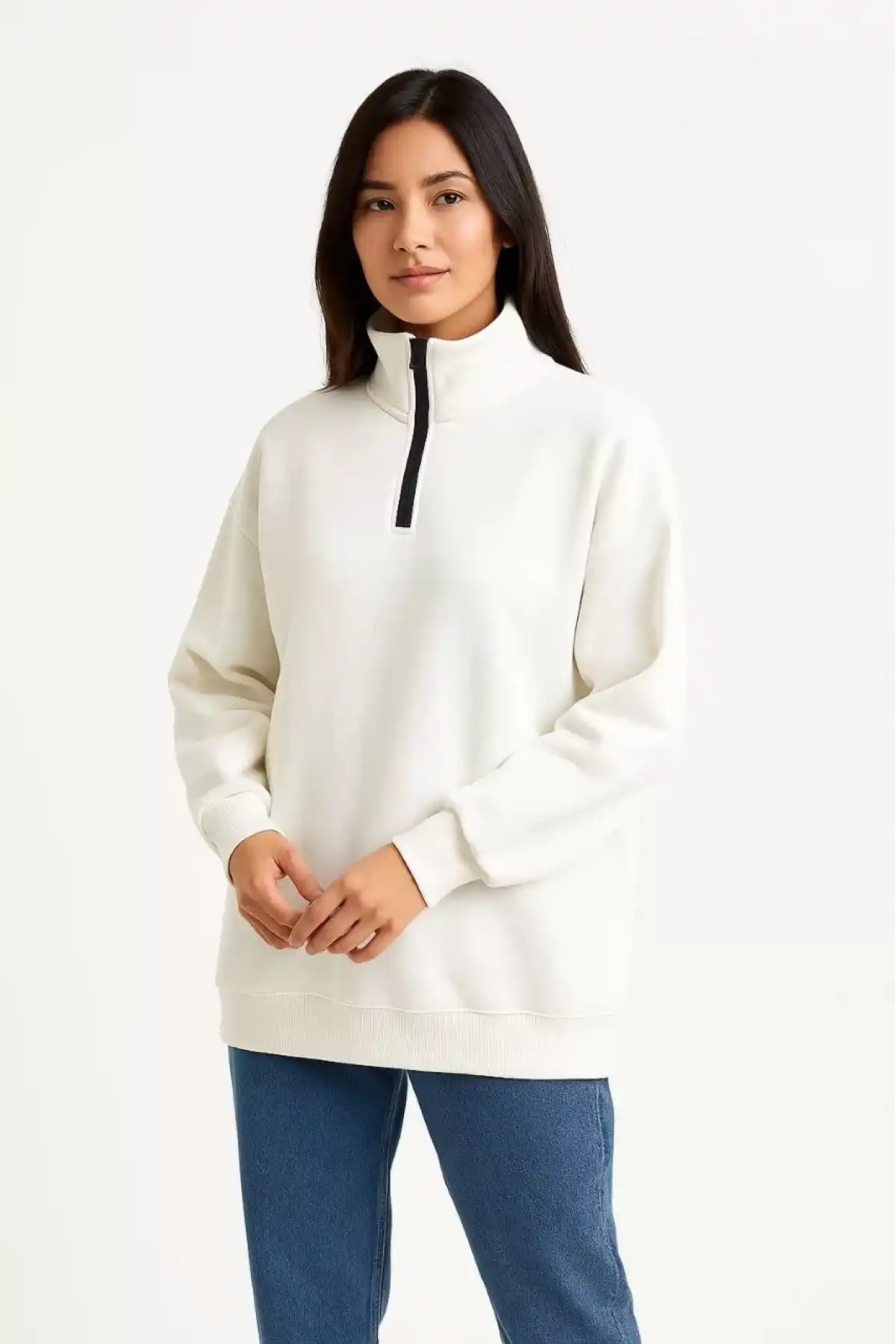 Kadın Üç İplik Dık Yaka Yarım Fermuarlı SweatShirt - Beyaz