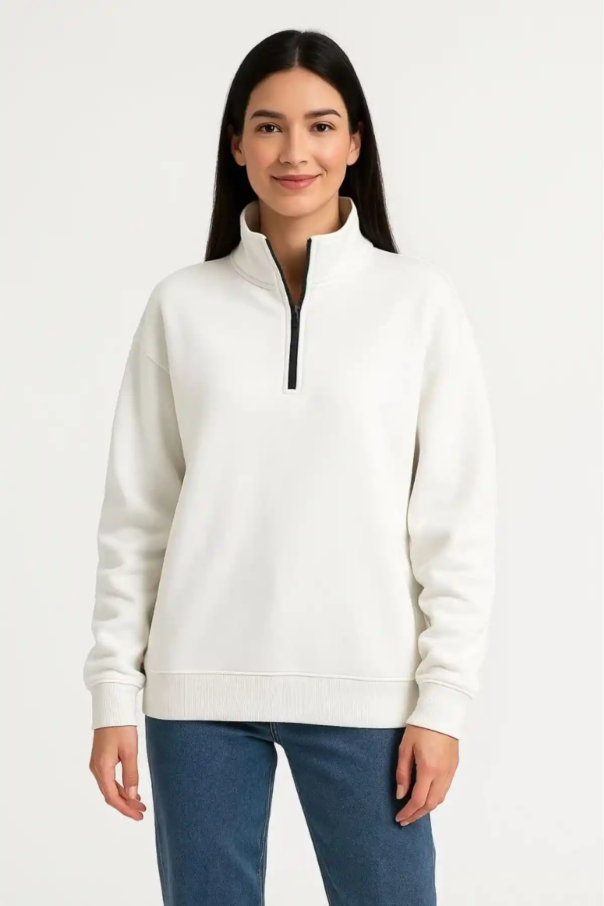 Kadın Üç İplik Dık Yaka Yarım Fermuarlı SweatShirt - Beyaz