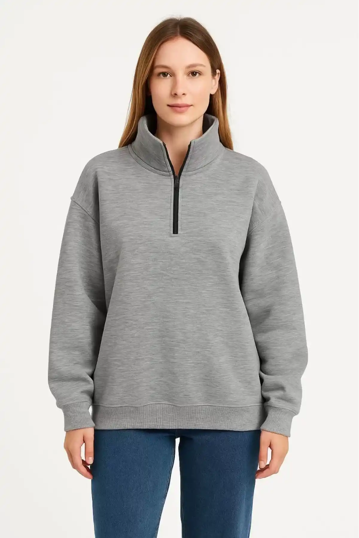 Kadın Üç İplik Dık Yaka Yarım Fermuarlı SweatShirt - Gri