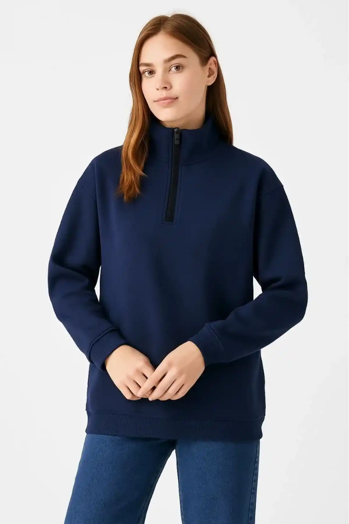 Kadın 3 İplik Pamuklu Dık Yaka Yarım Fermuarlı SweatShirt - Lacivert
