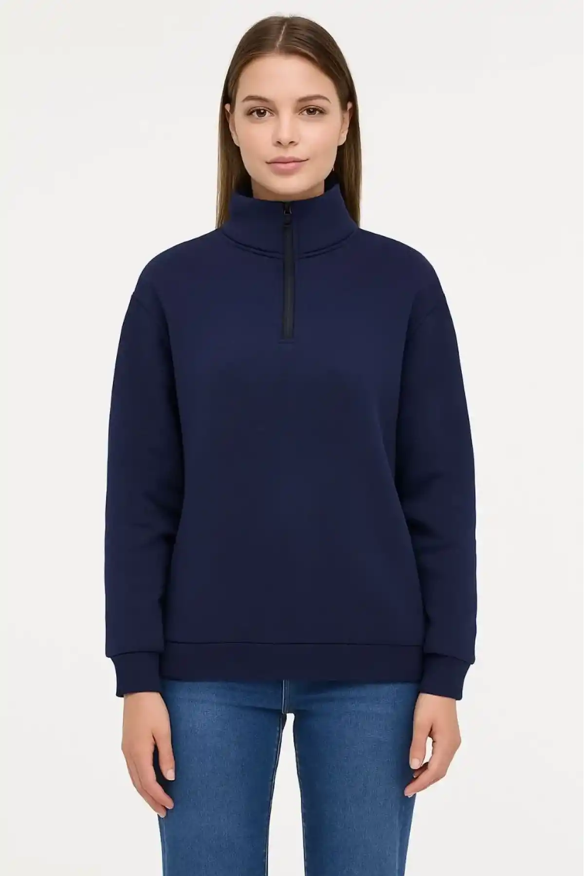 Kadın 3 İplik Pamuklu Dık Yaka Yarım Fermuarlı SweatShirt - Lacivert