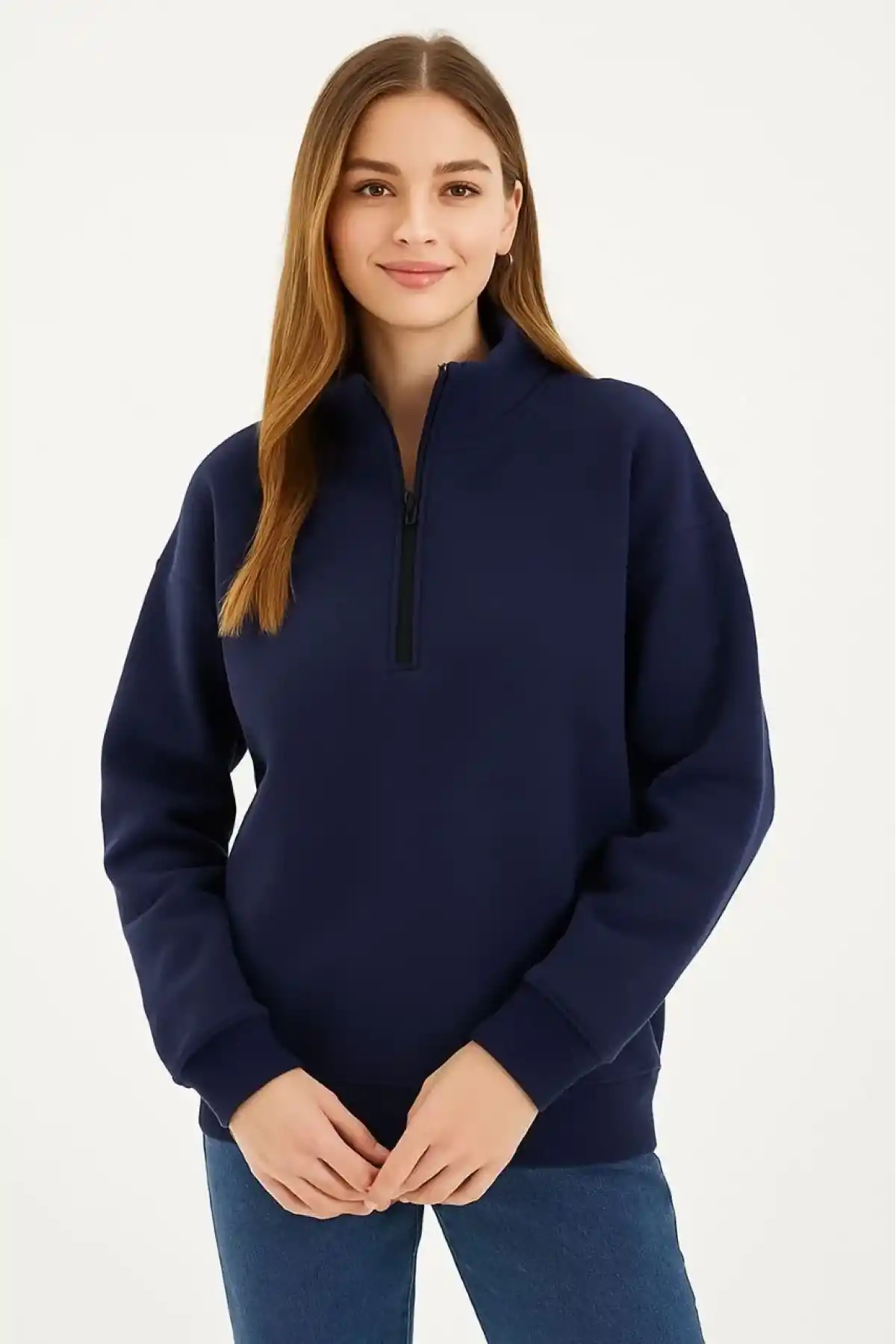 Kadın 3 İplik Pamuklu Dık Yaka Yarım Fermuarlı SweatShirt - Lacivert