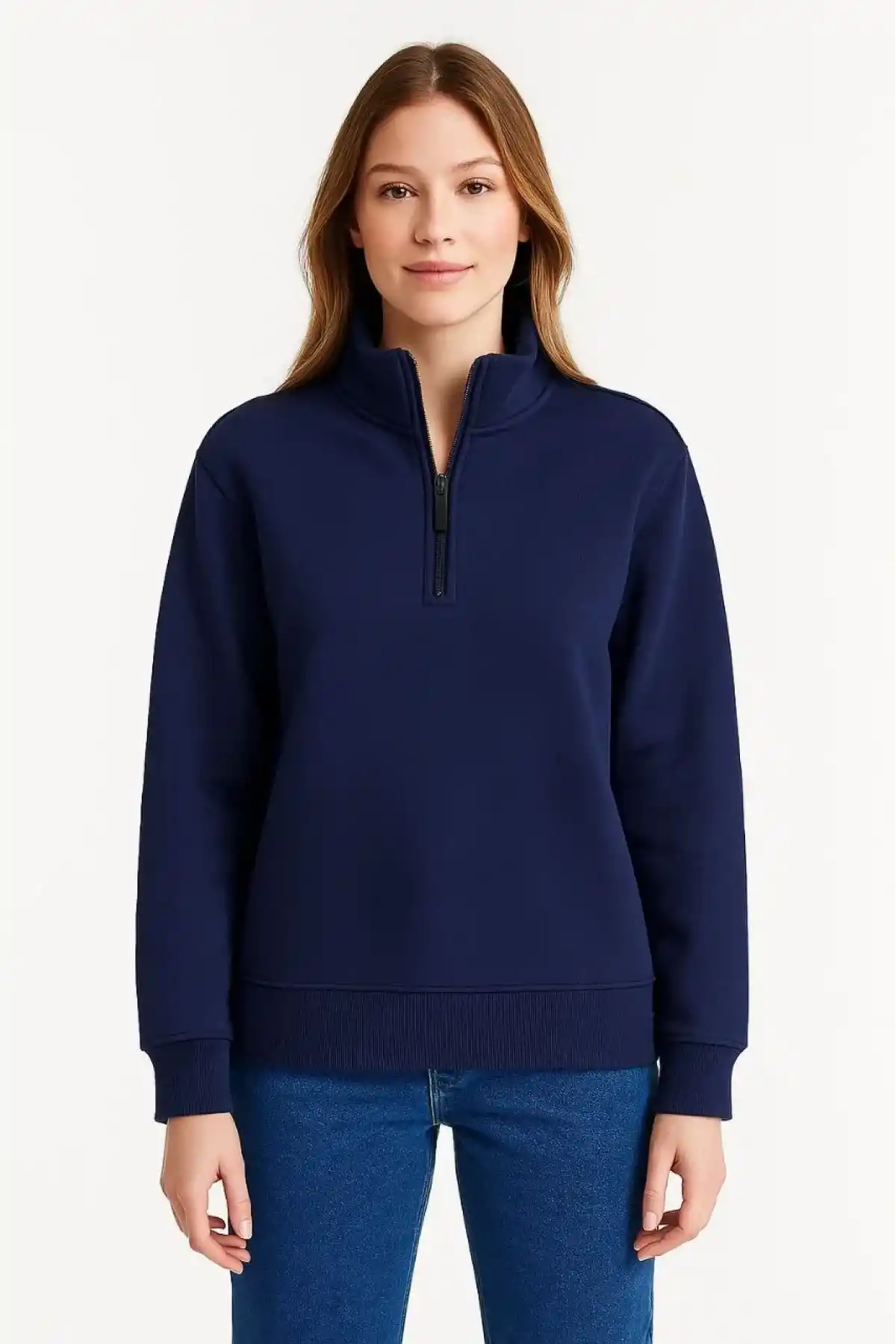 Kadın 3 İplik Pamuklu Dık Yaka Yarım Fermuarlı SweatShirt - Lacivert
