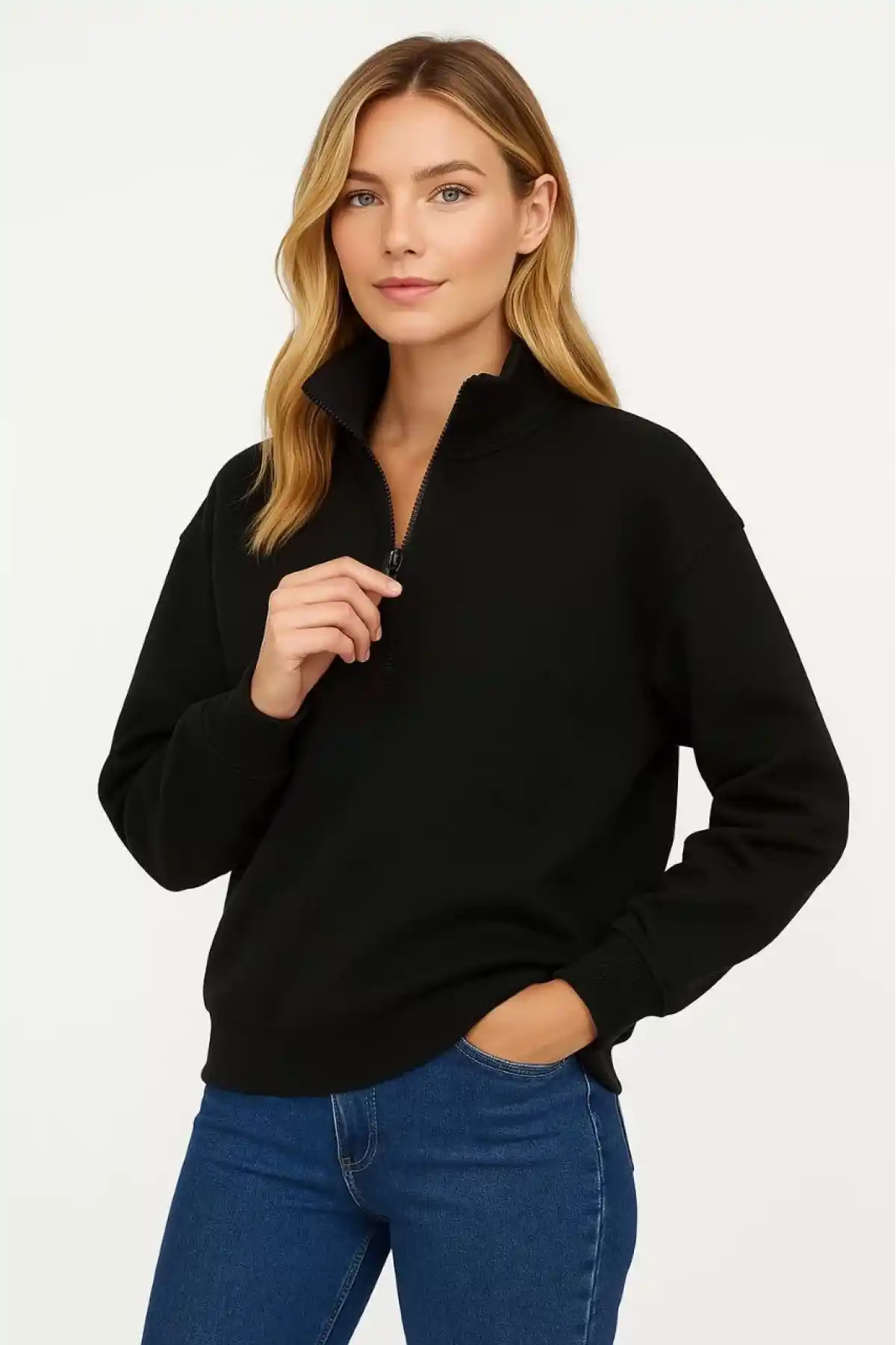 Kadın Üç İplik Dık Yaka Yarım Fermuarlı SweatShirt - Siyah