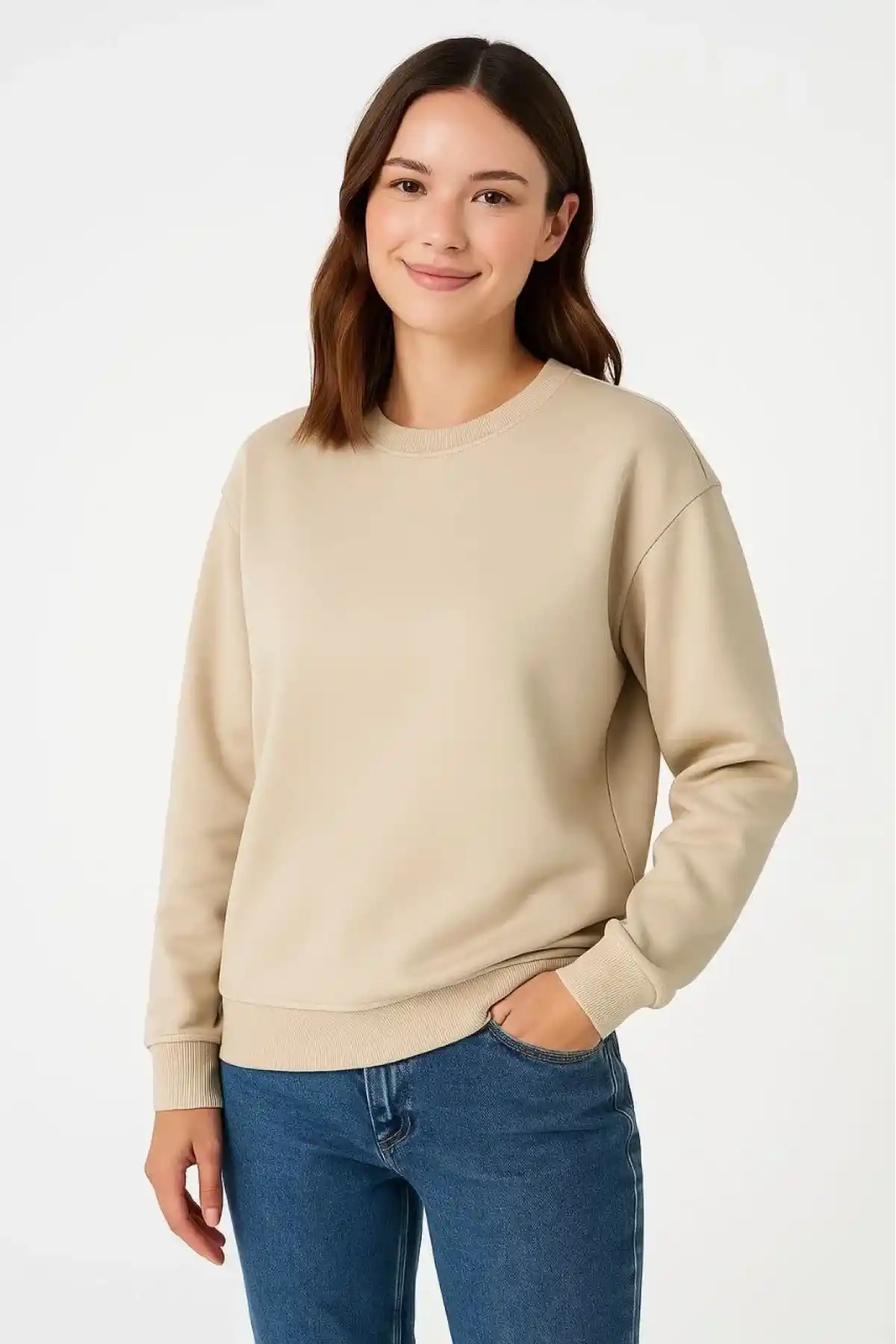 Kadın 3 İplik Pamuklu Düz Bisiklet Yaka SweatShirt - Bej