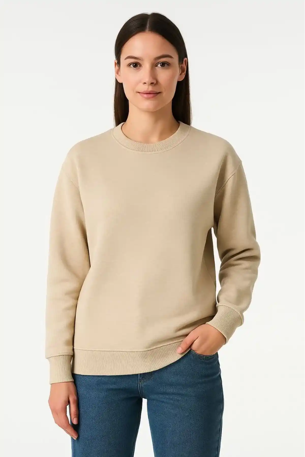 Kadın 3 İplik Pamuklu Düz Bisiklet Yaka SweatShirt - Bej