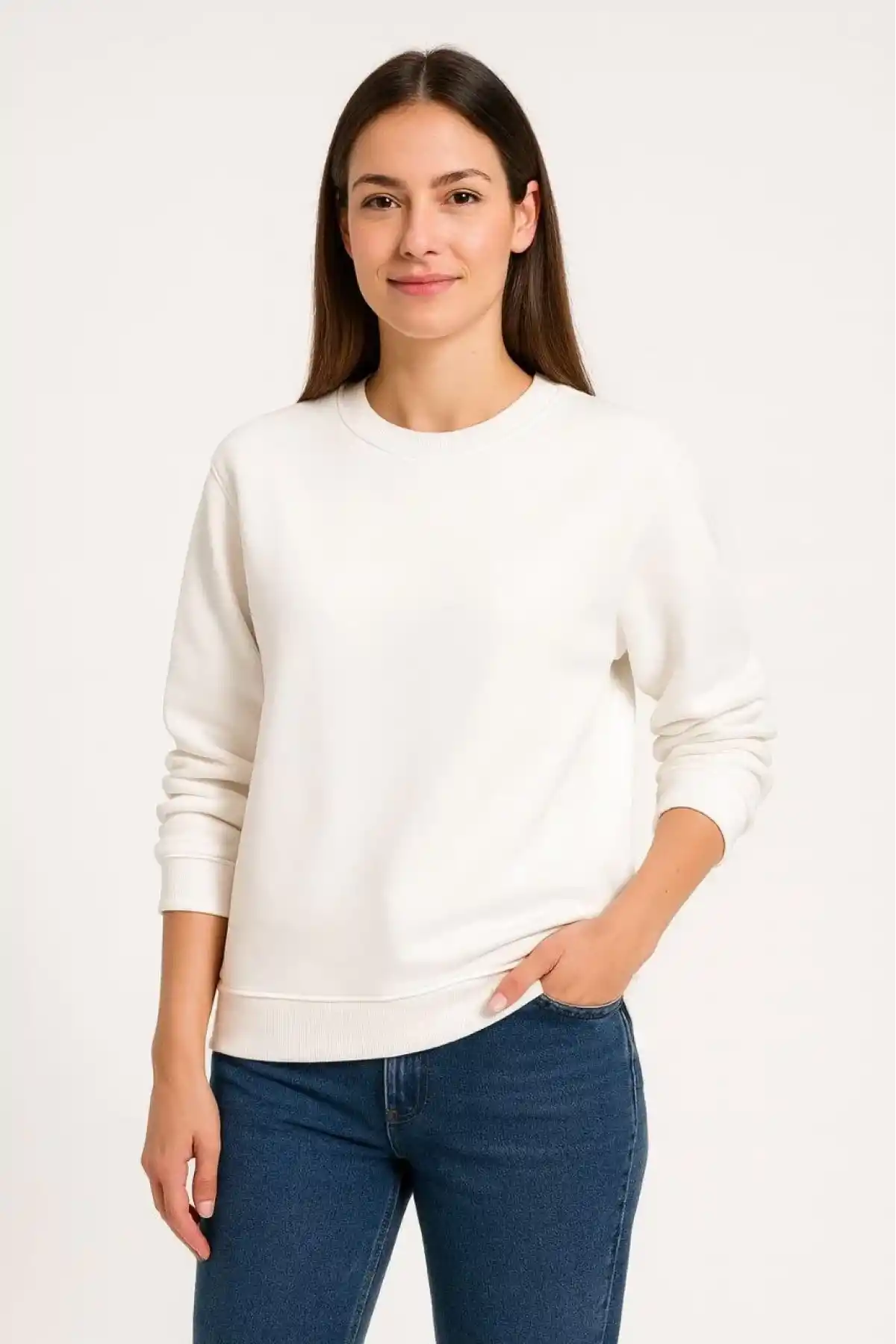 Kadın Üç İplik Düz Bisiklet Yaka SweatShirt - Beyaz