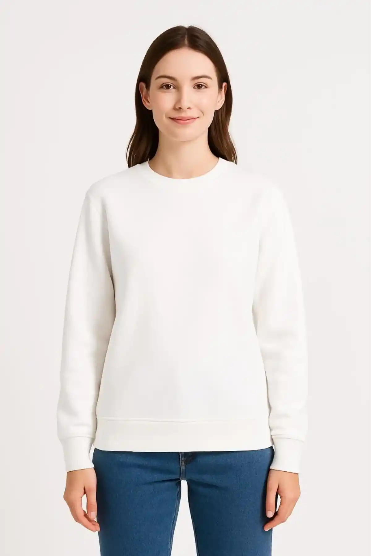 Kadın Üç İplik Düz Bisiklet Yaka SweatShirt - Beyaz