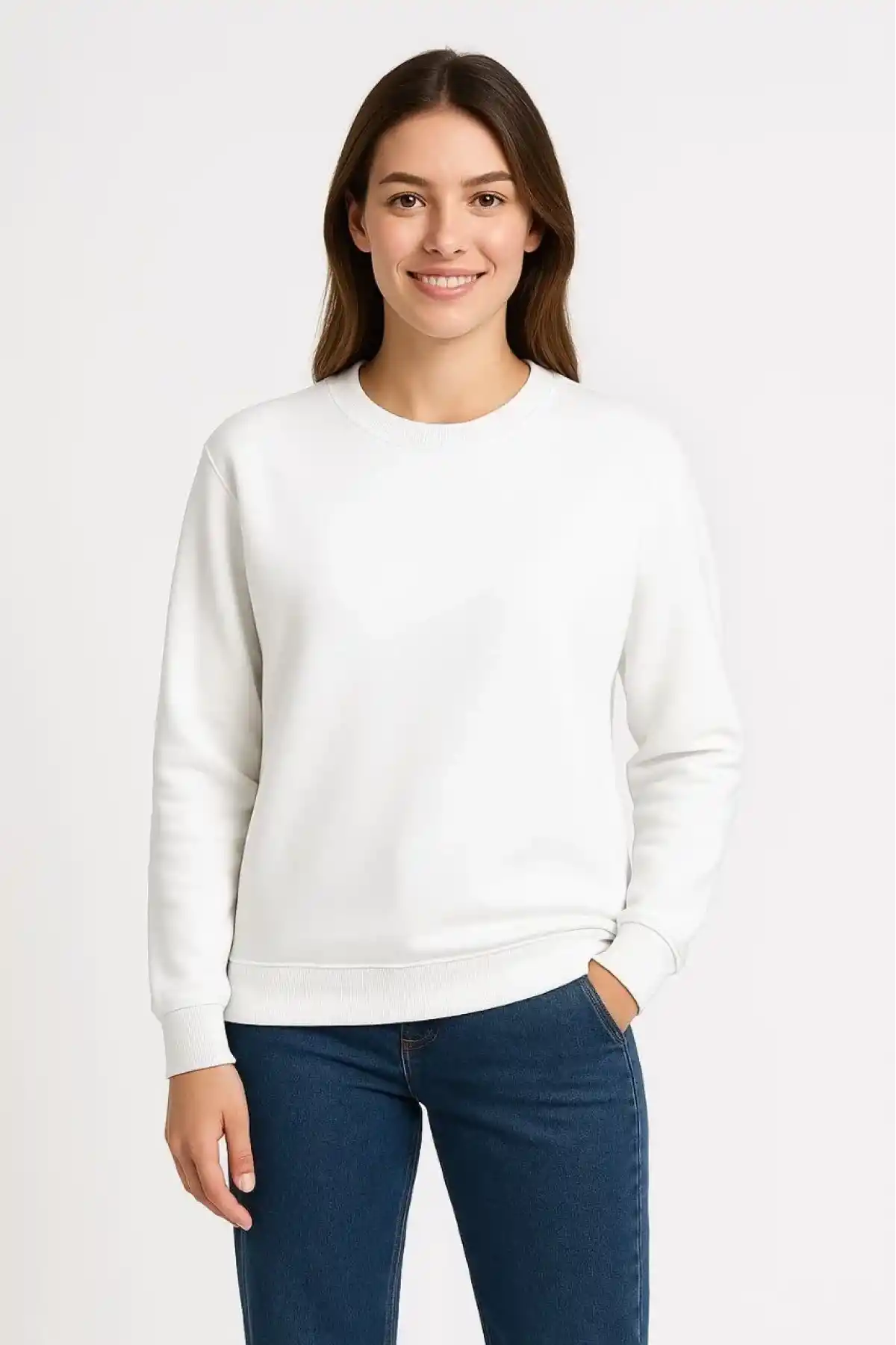 Kadın Üç İplik Düz Bisiklet Yaka SweatShirt - Beyaz
