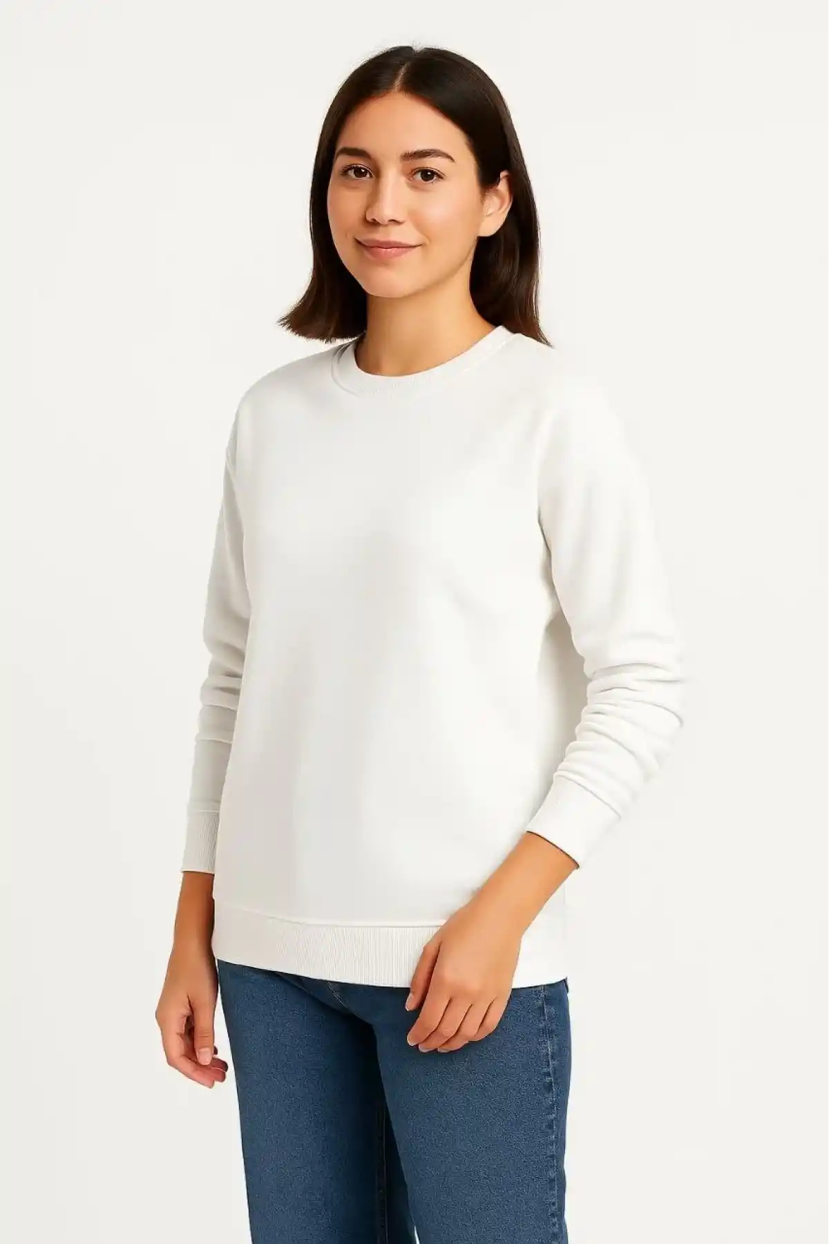 Kadın Üç İplik Düz Bisiklet Yaka SweatShirt - Beyaz