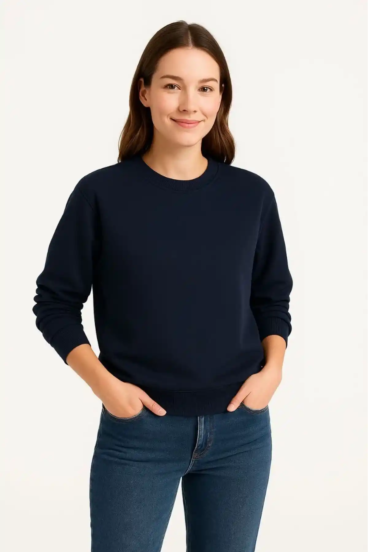 Kadın Üç İplik Düz Bisiklet Yaka SweatShirt - Lacivert