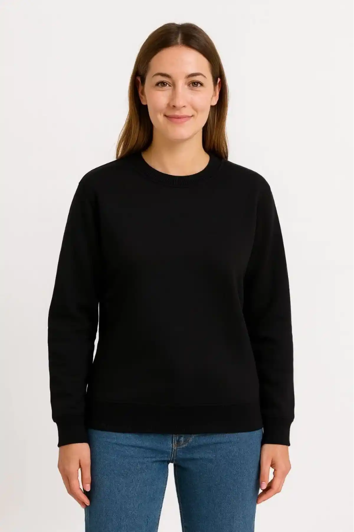 Kadın Üç İplik Düz Bisiklet Yaka SweatShirt - Siyah