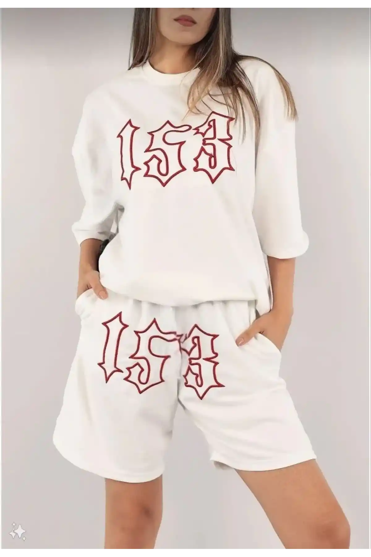 Kadın Nakış İşlemeli Şort Kısa kol Alt-Üst Takım - Beyaz