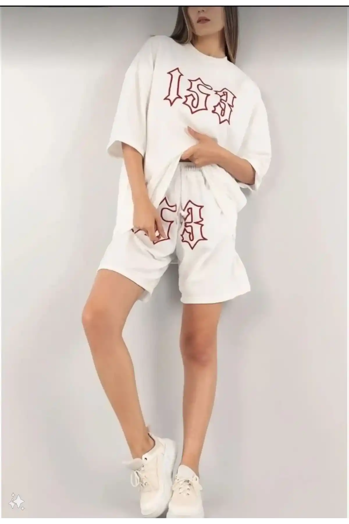 Kadın Nakış İşlemeli Şort Kısa kol Alt-Üst Takım - Beyaz