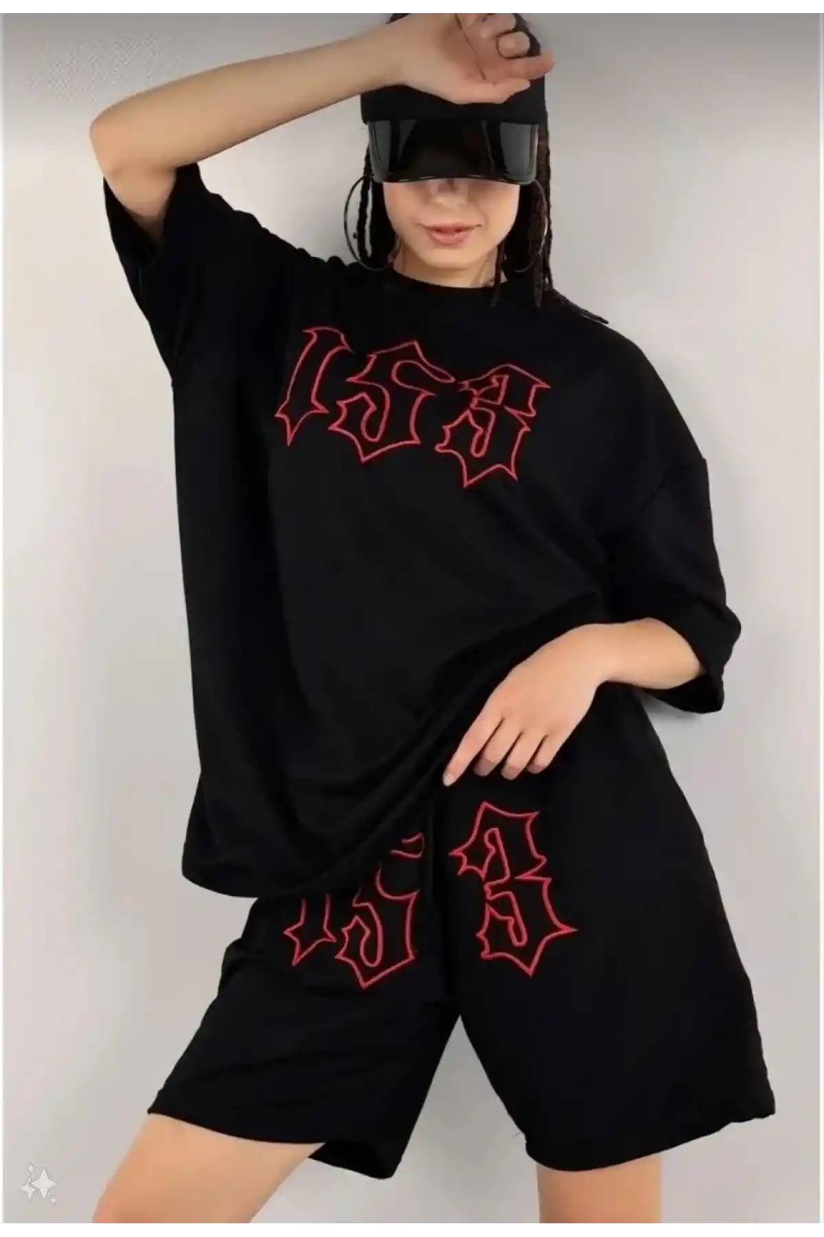 Kadın Nakış İşlemeli Şort Kısa kol Alt-Üst Takım - Siyah