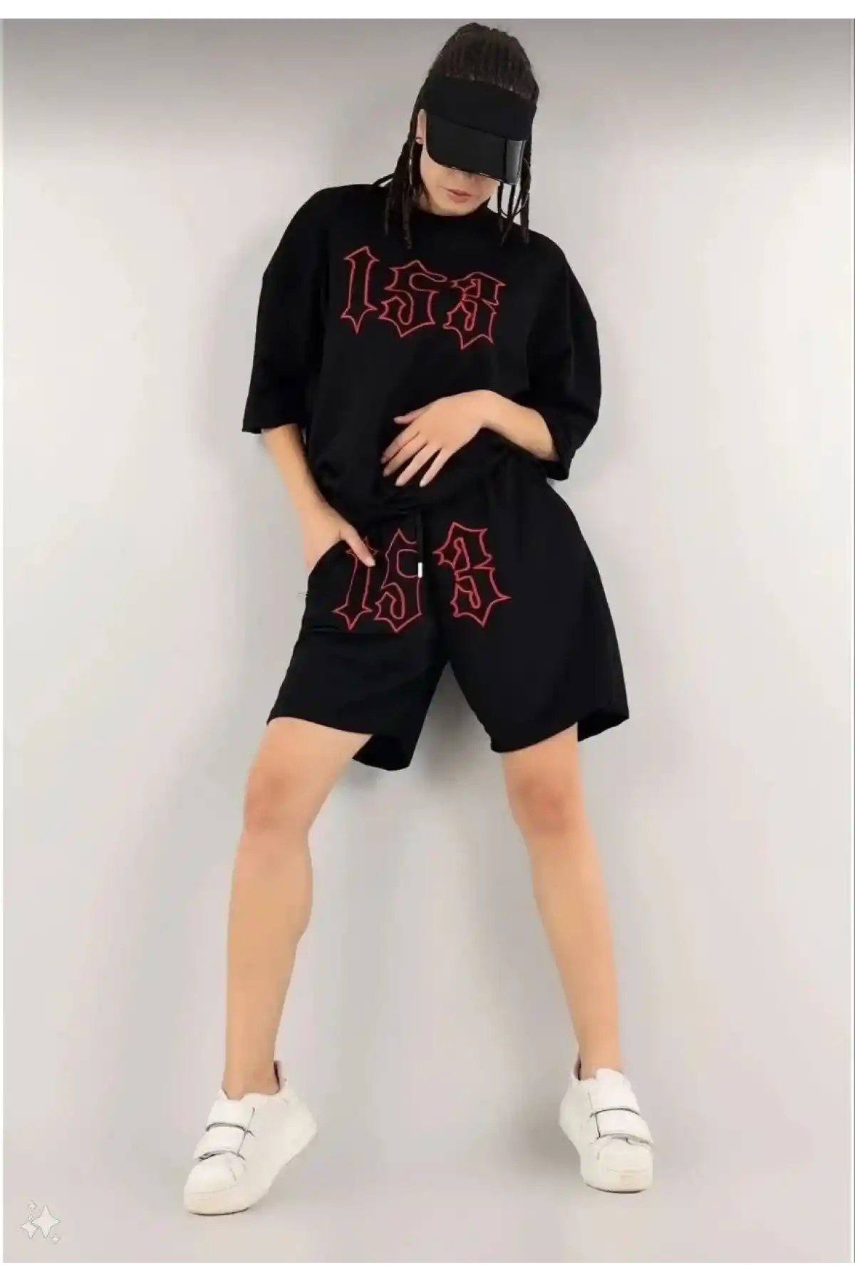 Kadın Nakış İşlemeli Şort Kısa kol Alt-Üst Takım - Siyah