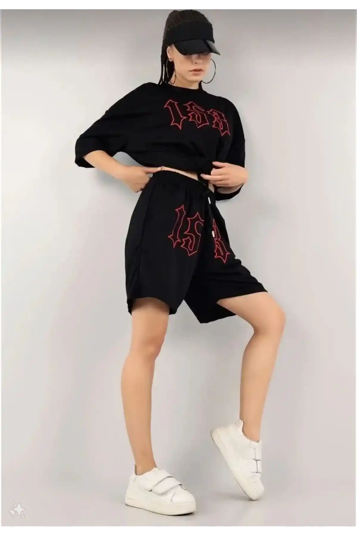 Kadın Nakış İşlemeli Şort Kısa kol Alt-Üst Takım - Siyah