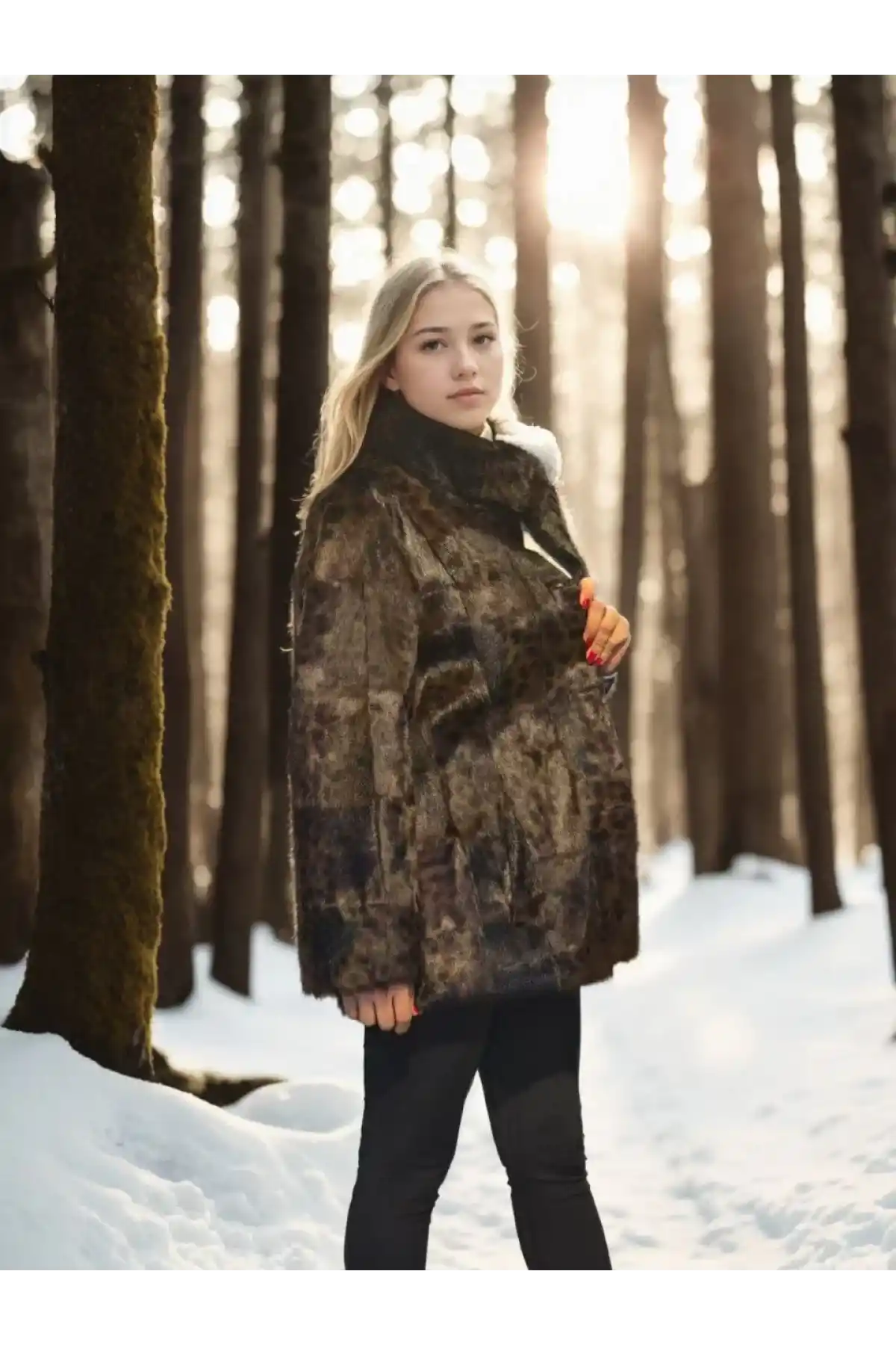 Kadın Uzun Kollu Deri Ceket - Leopar