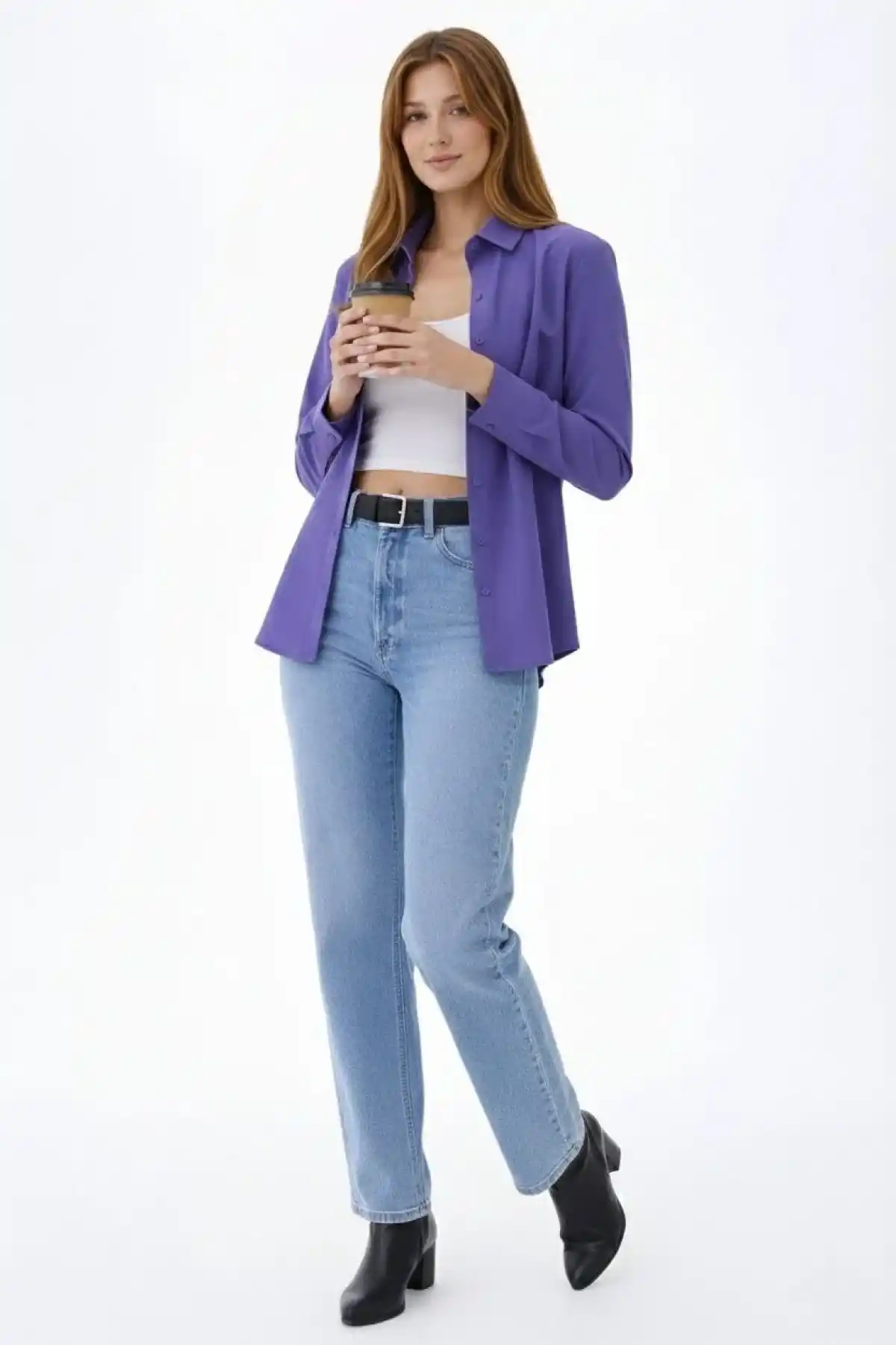 Kadın Uzun Kollu Gömlek Düğmeli Klasik Yaka Günlük ve Ofis Şıklığına uygun - Mor