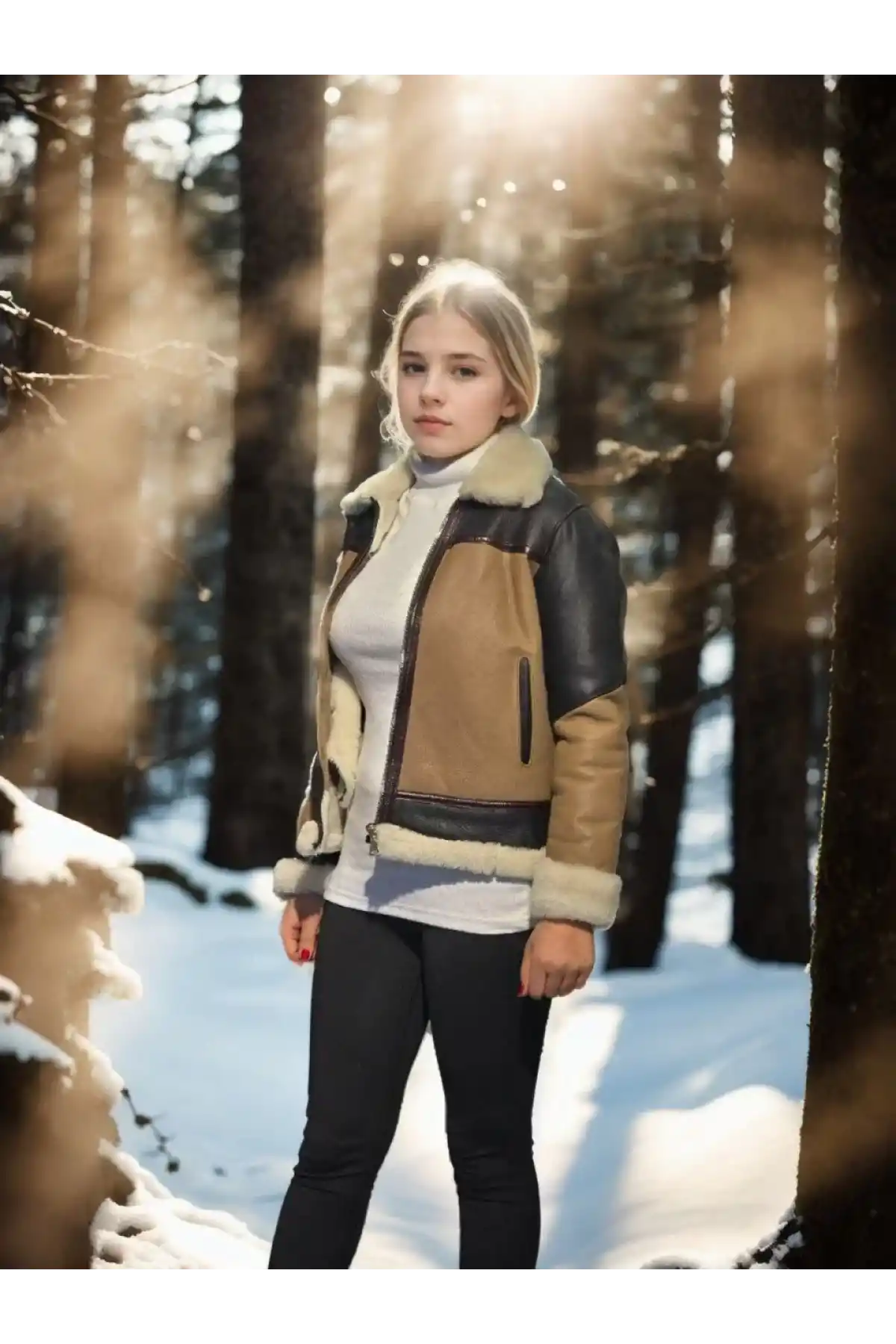 Kadın Uzun Kollu Yakalı Hakiki Kürk - Kahve