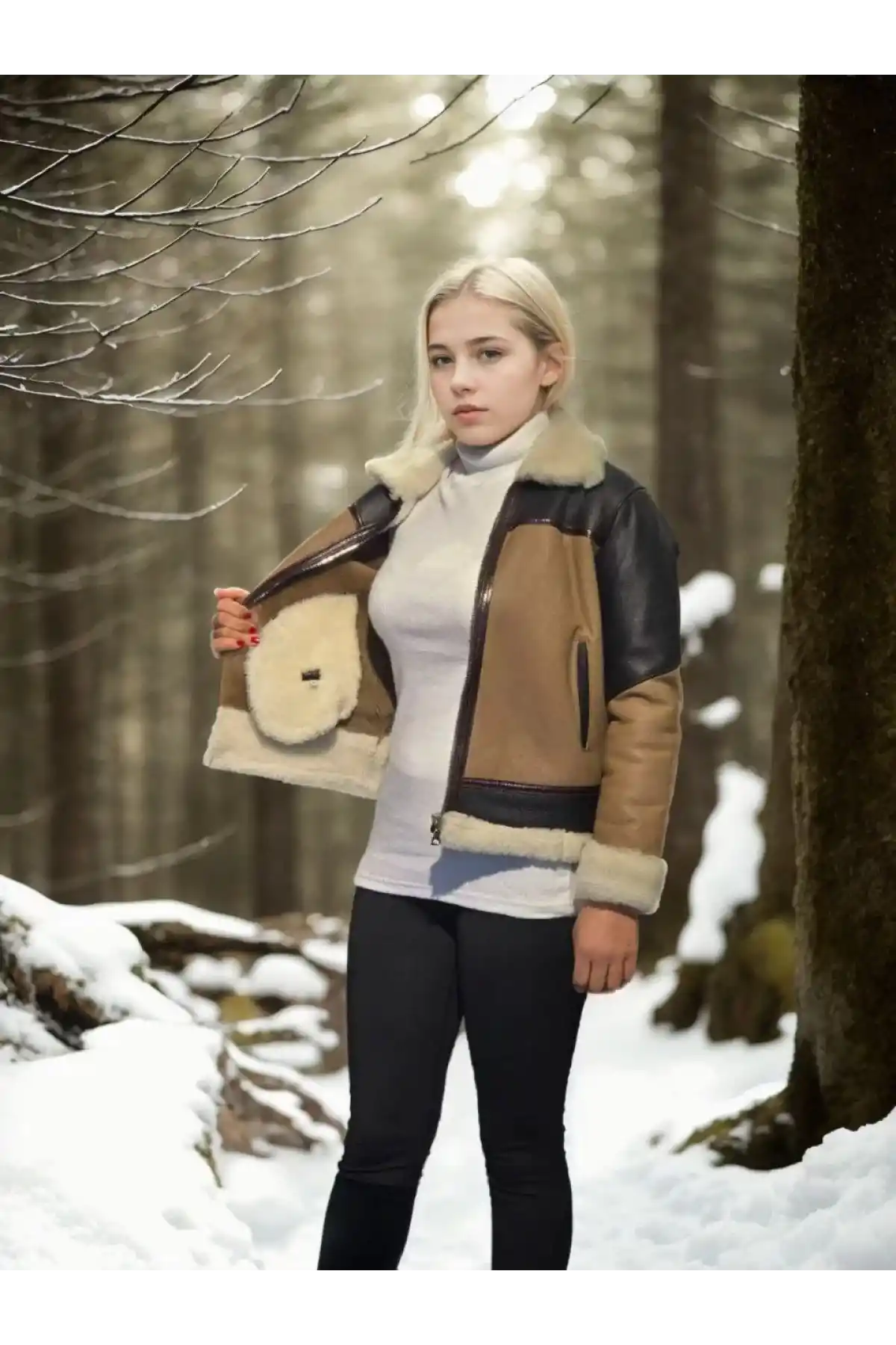 Kadın Uzun Kollu Yakalı Hakiki Kürk - Kahve