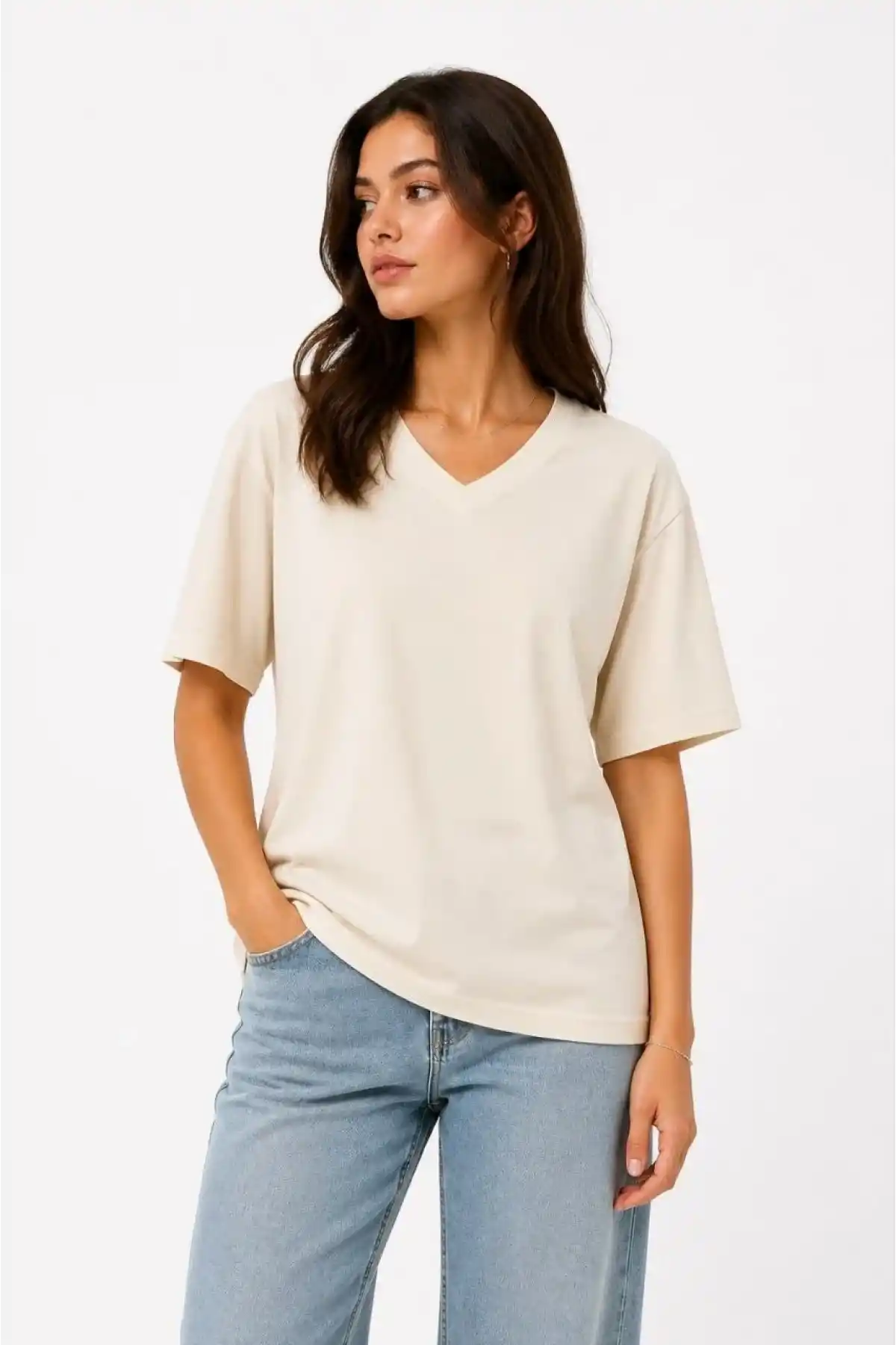 Kadın V Yaka Basic Tişört Kısa Kol Yazlık Regular Fit T-Shirt - Bej