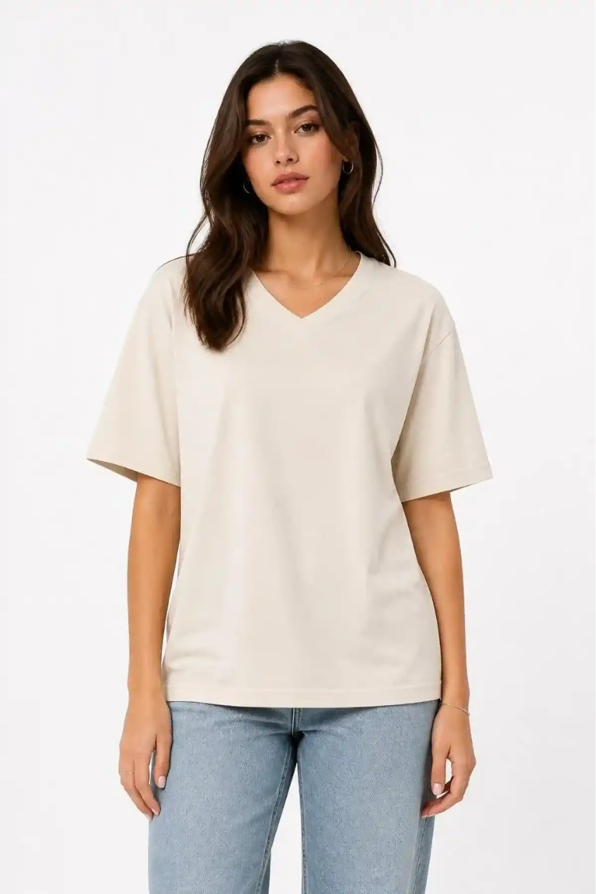 Kadın V Yaka Basic Tişört Kısa Kol Yazlık Regular Fit T-Shirt - Bej