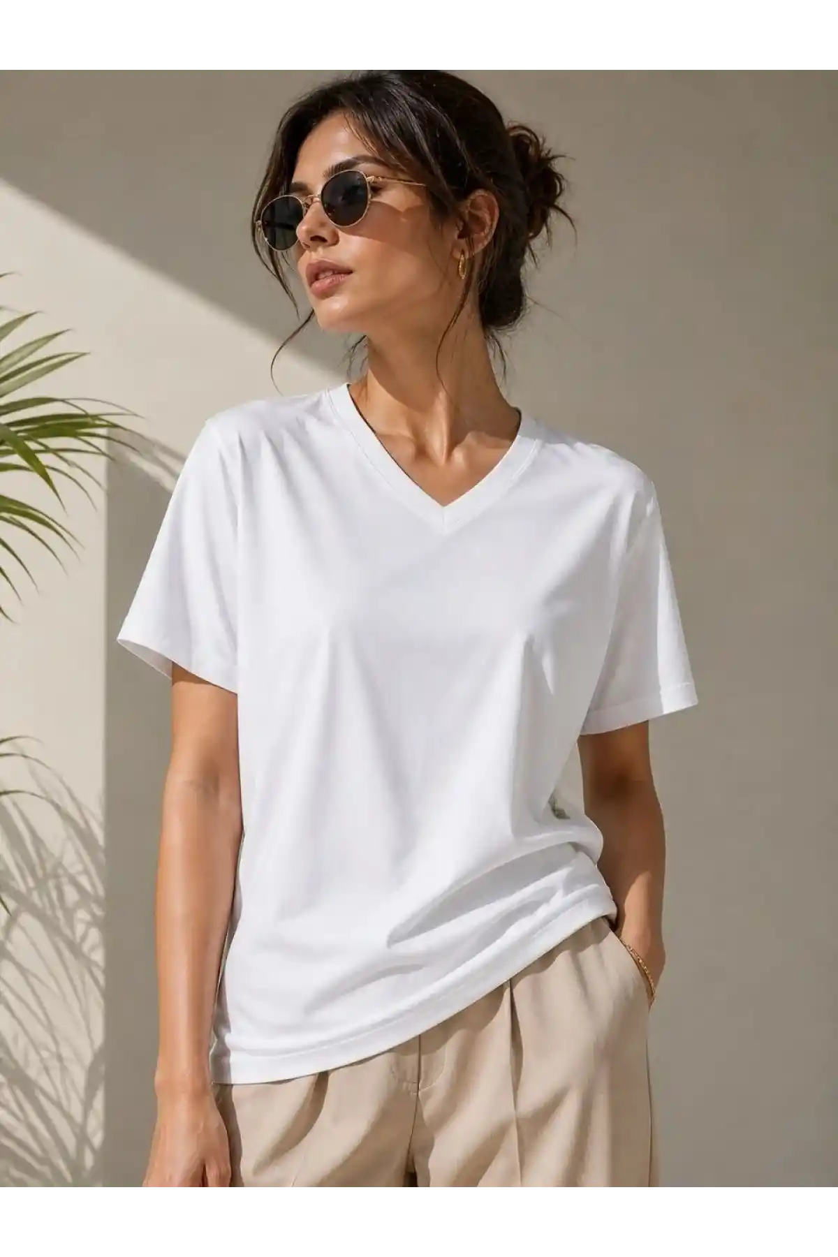 Kadın V Yaka Basic Tişört Kısa Kol Yazlık Regular Fit T-Shirt - Beyaz