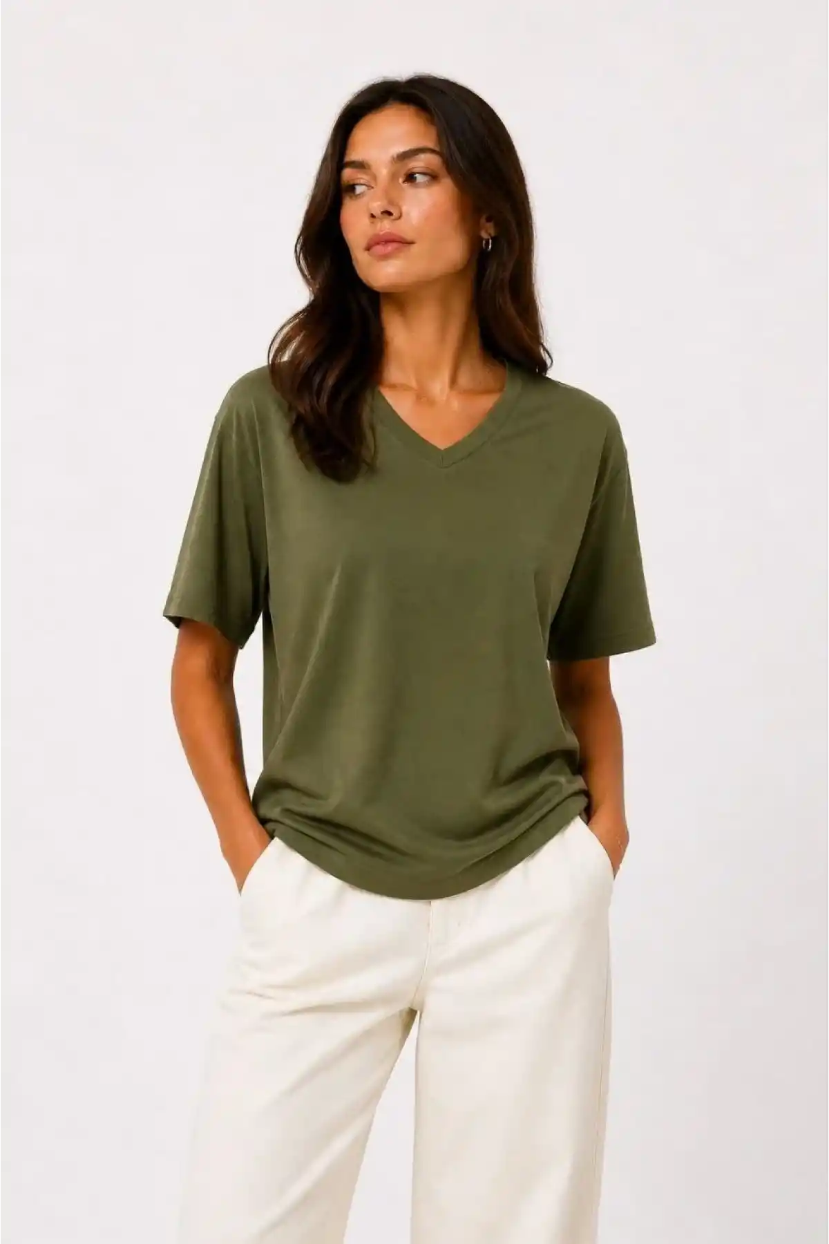 Kadın V Yaka Basic Tişört Kısa Kol Yazlık Regular Fit T-Shirt - Haki