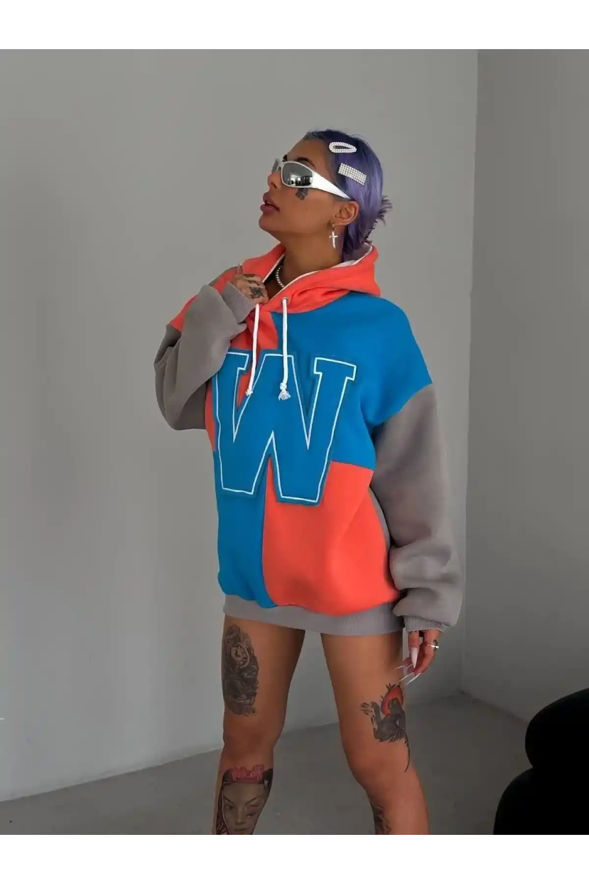 Kadın W Nakış İşlemeli Kapüşonlu Sweatshirt - Mavi